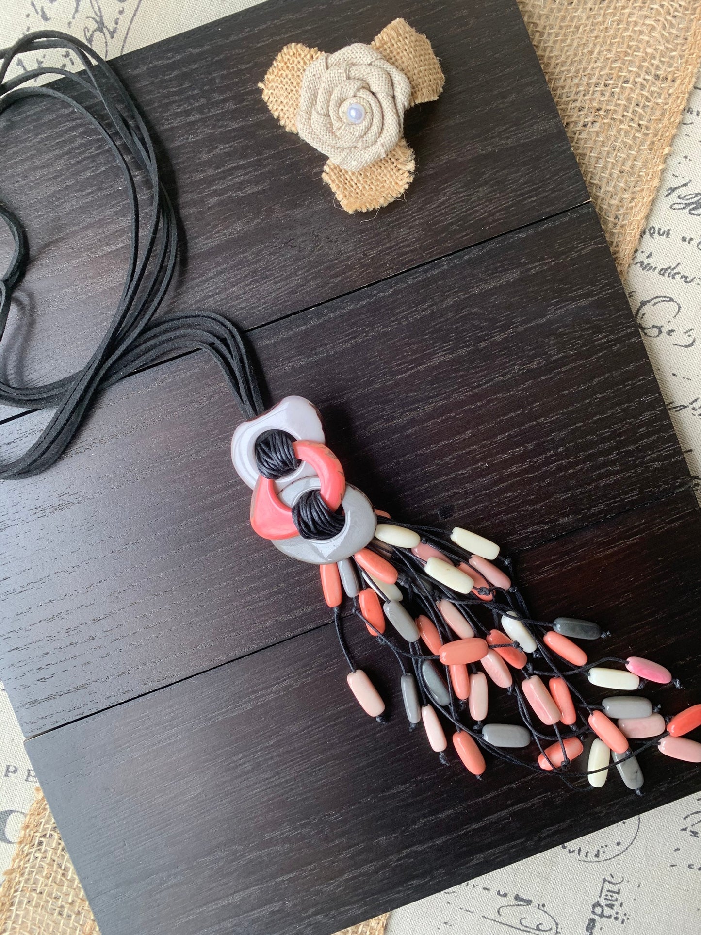 Pink peach gray statement necklace Tagua nut jewelry Macrame fringe necklace Boho jewelry Boho Extra long adjustable cord
