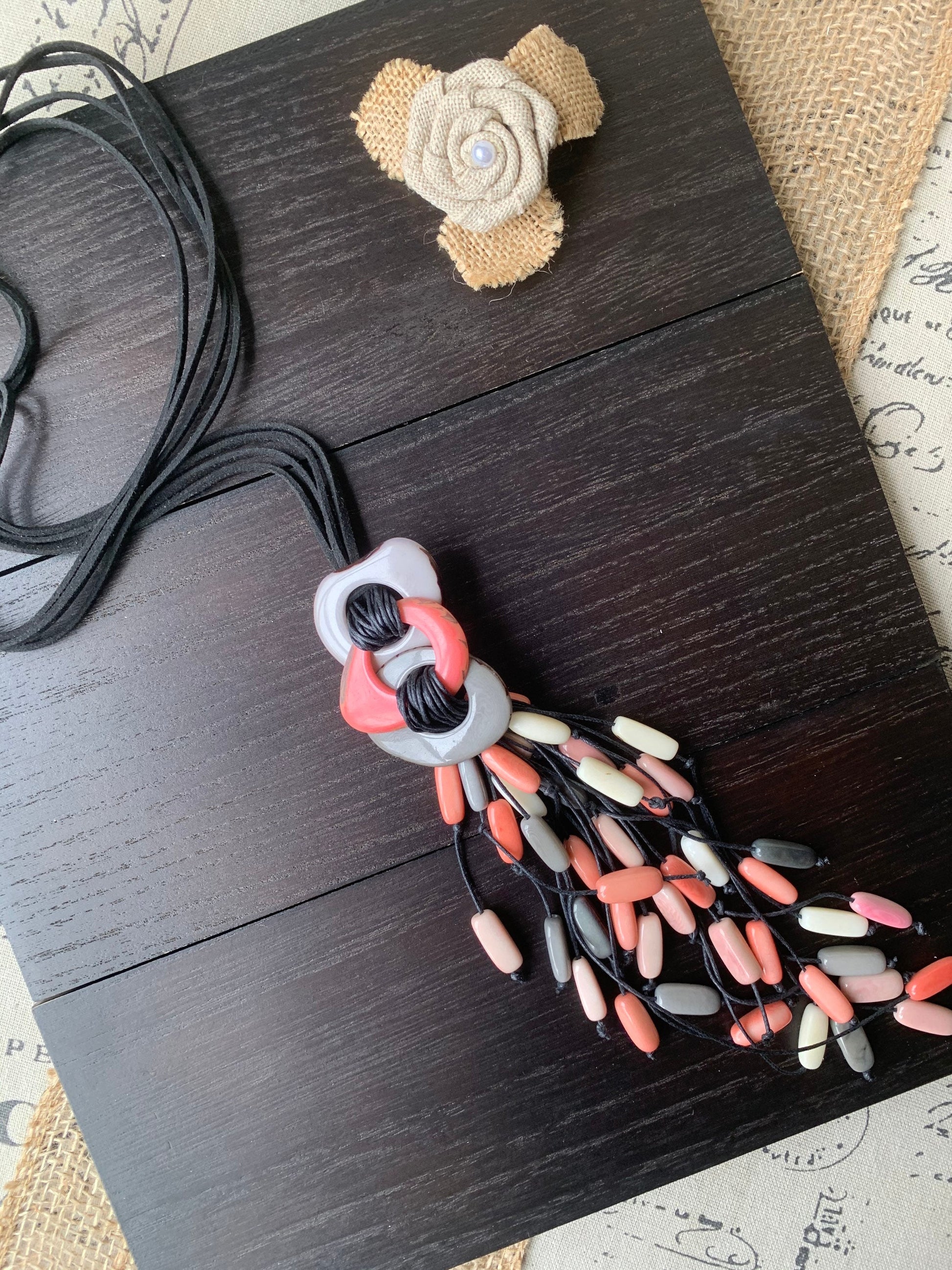 Pink peach gray statement necklace Tagua nut jewelry Macrame fringe necklace Boho jewelry Boho Extra long adjustable cord