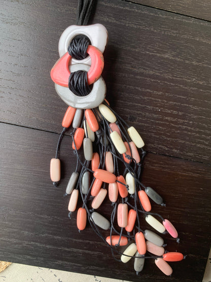 Pink peach gray statement necklace Tagua nut jewelry Macrame fringe necklace Boho jewelry Boho Extra long adjustable cord