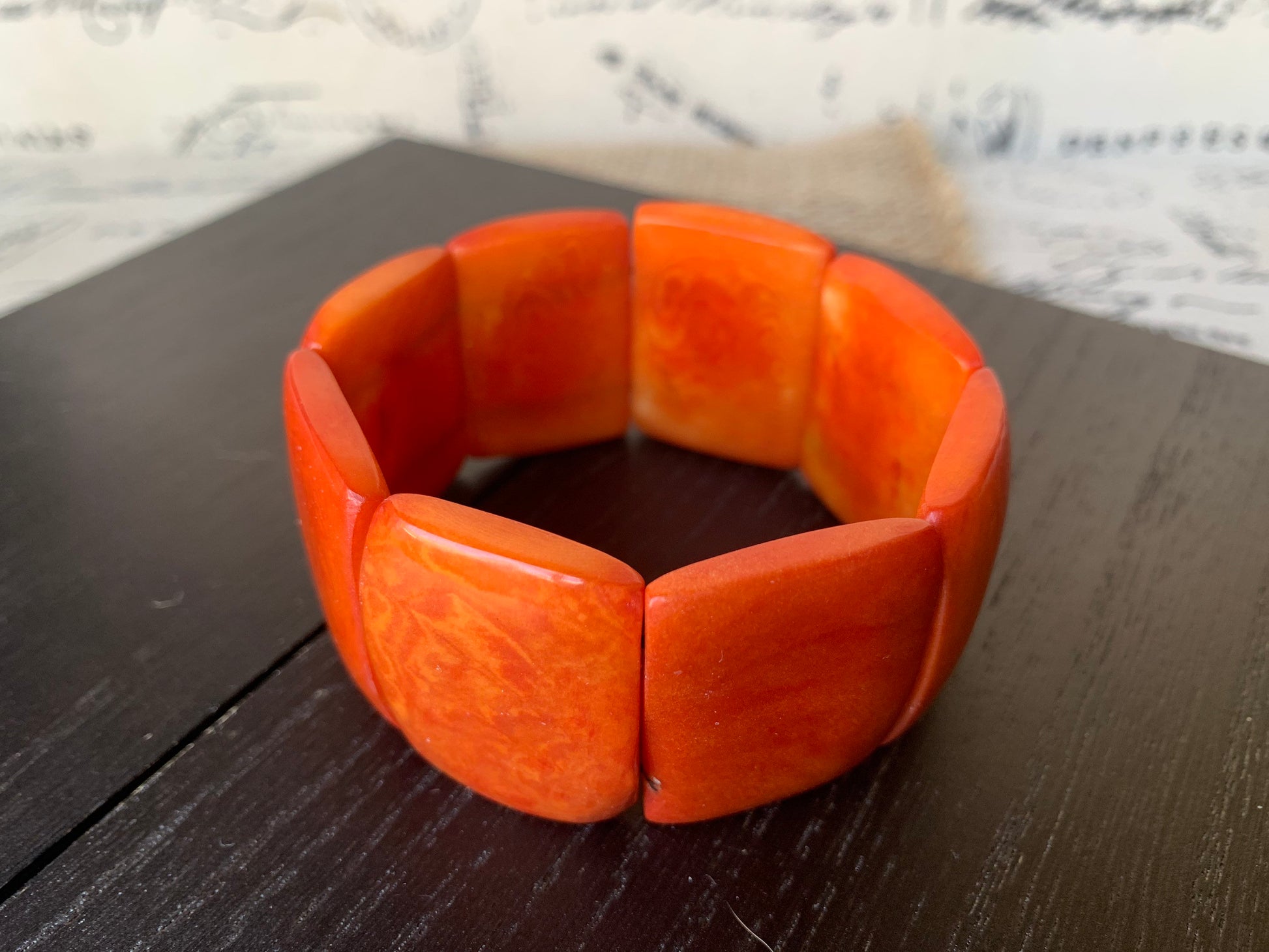 Orange statement bracelet Beaded elastic bangle Tagua jewelry Geometric rectangles square beads Big oversized beads Gifts for wife mom