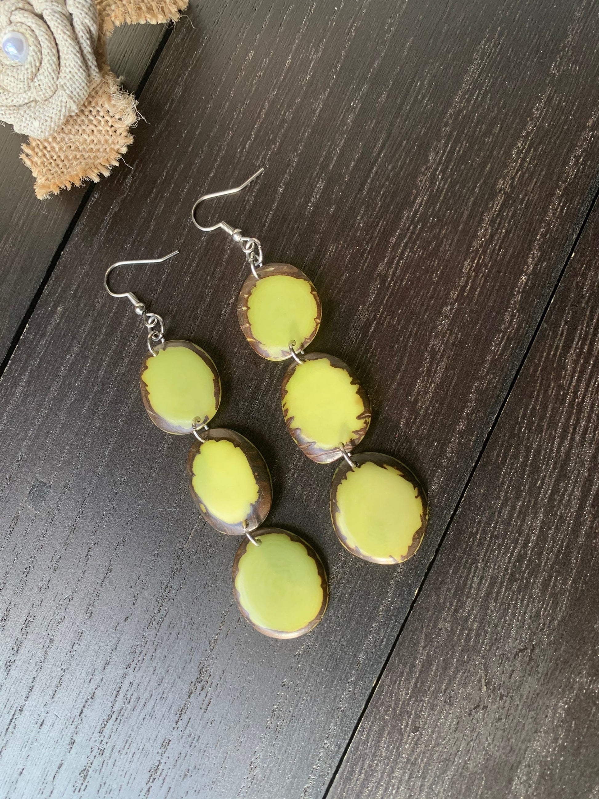 Apple green beaded earrings Long dangly earrings Tagua jewelry Artsy gifts Waterfall earrings Wearable art Statement dangle drop earrings