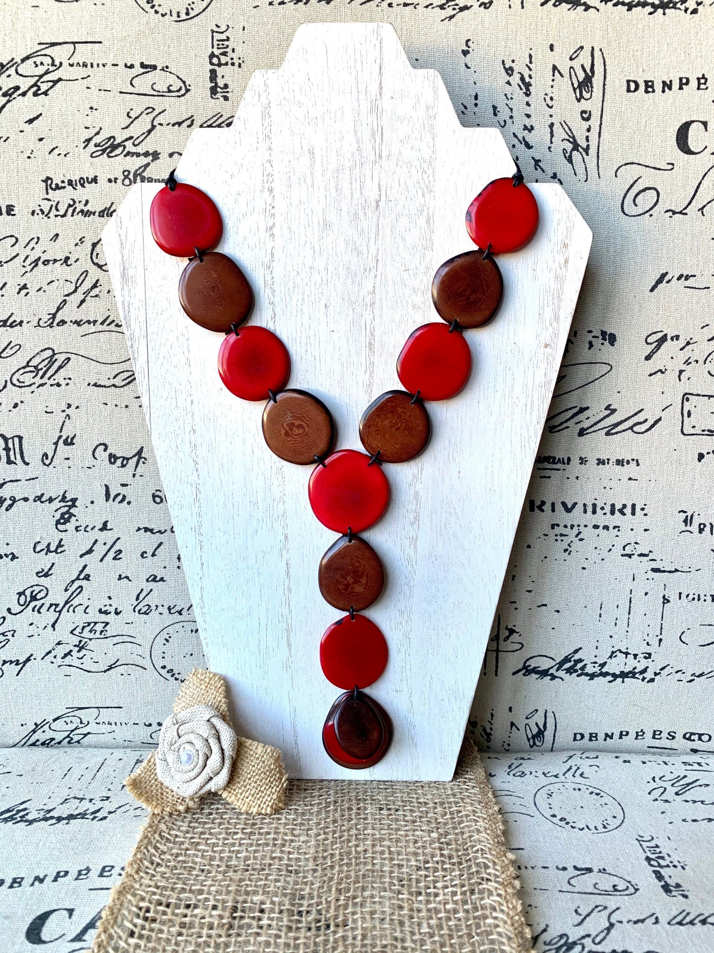 Red and brown statement necklace Tagua jewelry Adjustable cord Lightweight beaded necklace Wearable art Artisan handmade Fall fashion