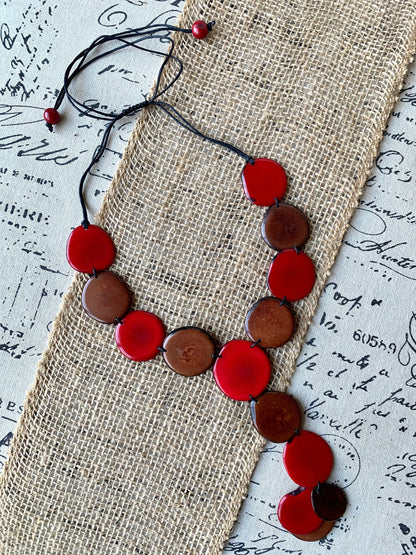 Red and brown statement necklace Tagua jewelry Adjustable cord Lightweight beaded necklace Wearable art Artisan handmade Fall fashion