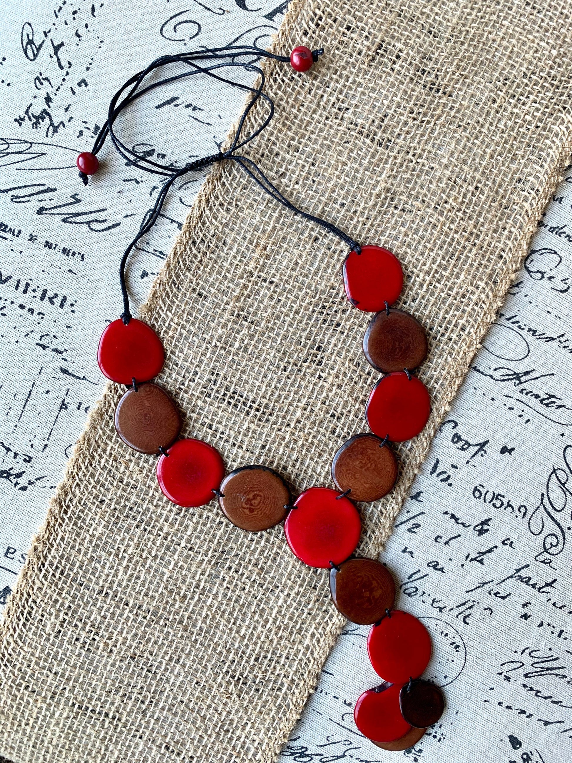 Red and brown statement necklace Tagua jewelry Adjustable cord Lightweight beaded necklace Wearable art Artisan handmade Fall fashion