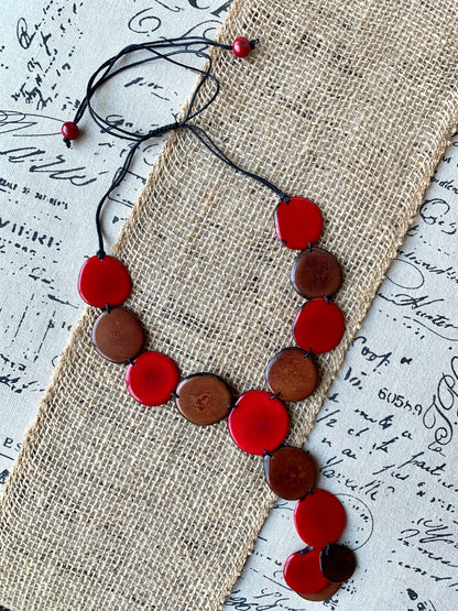 Red and brown statement necklace Tagua jewelry Adjustable cord Lightweight beaded necklace Wearable art Artisan handmade Fall fashion