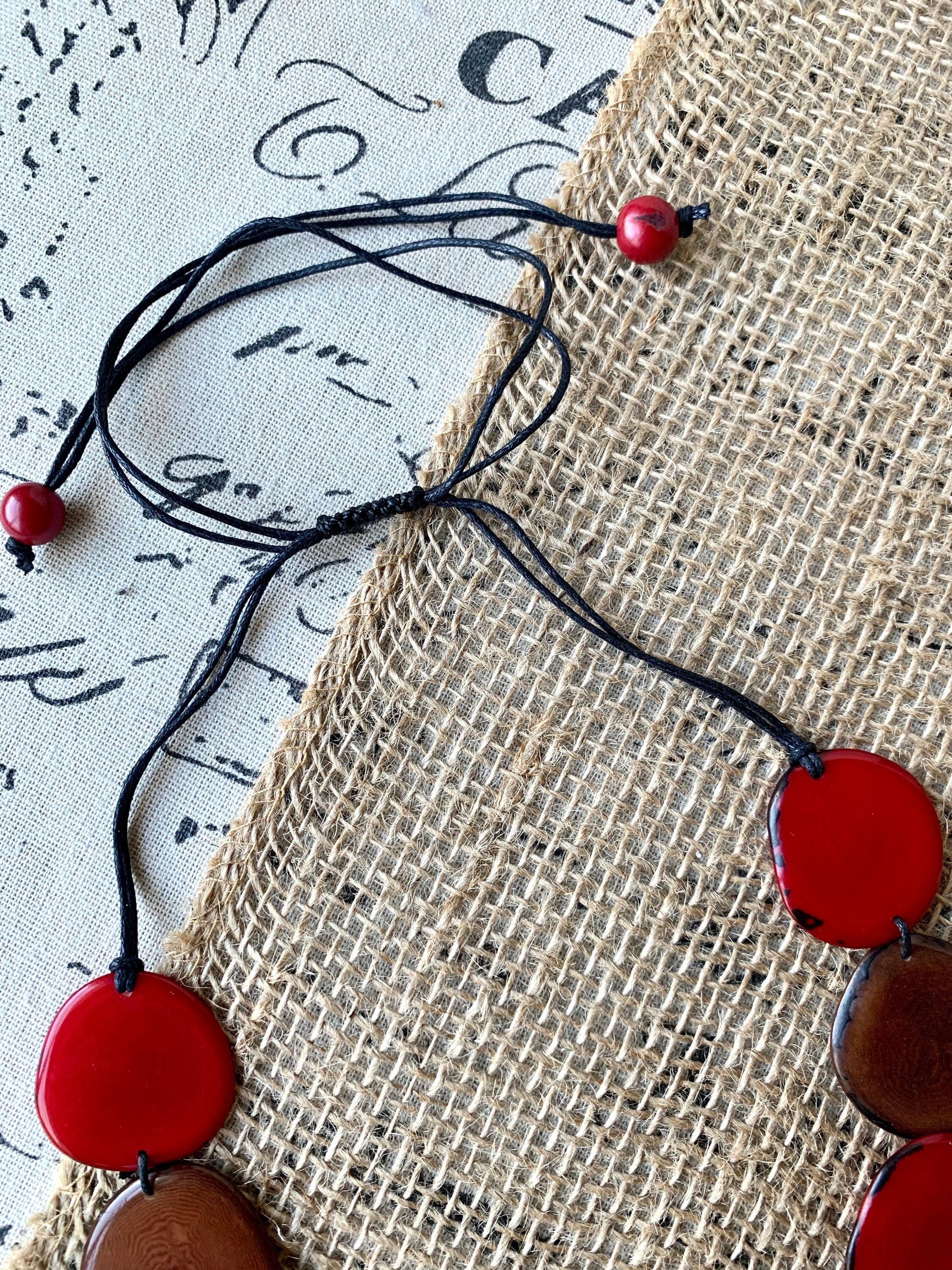 Red and brown statement necklace Tagua jewelry Adjustable cord Lightweight beaded necklace Wearable art Artisan handmade Fall fashion