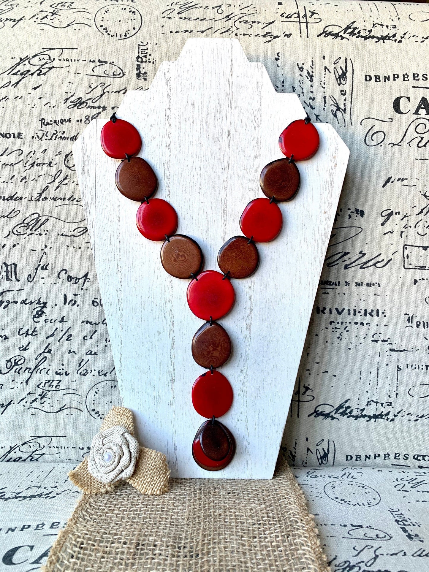 Red and brown statement necklace Tagua jewelry Adjustable cord Lightweight beaded necklace Wearable art Artisan handmade Fall fashion