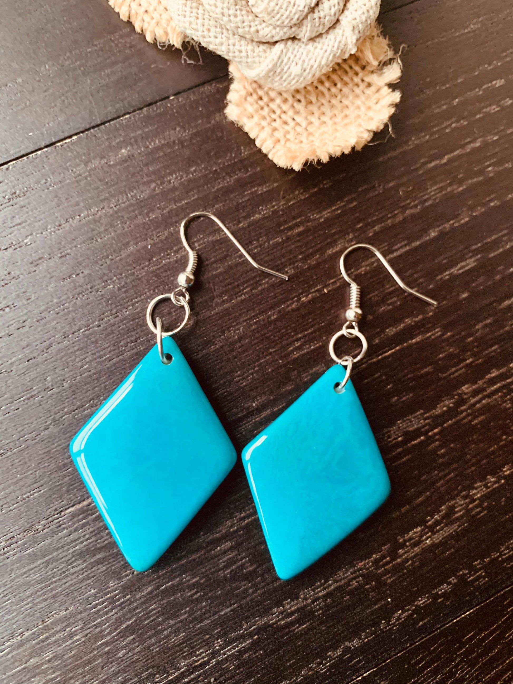 Turquoise blue dangle earrings Tagua jewelry Geometric drops Lightweight earrings Long beaded dangles Fall fashion 2025s Art to wear