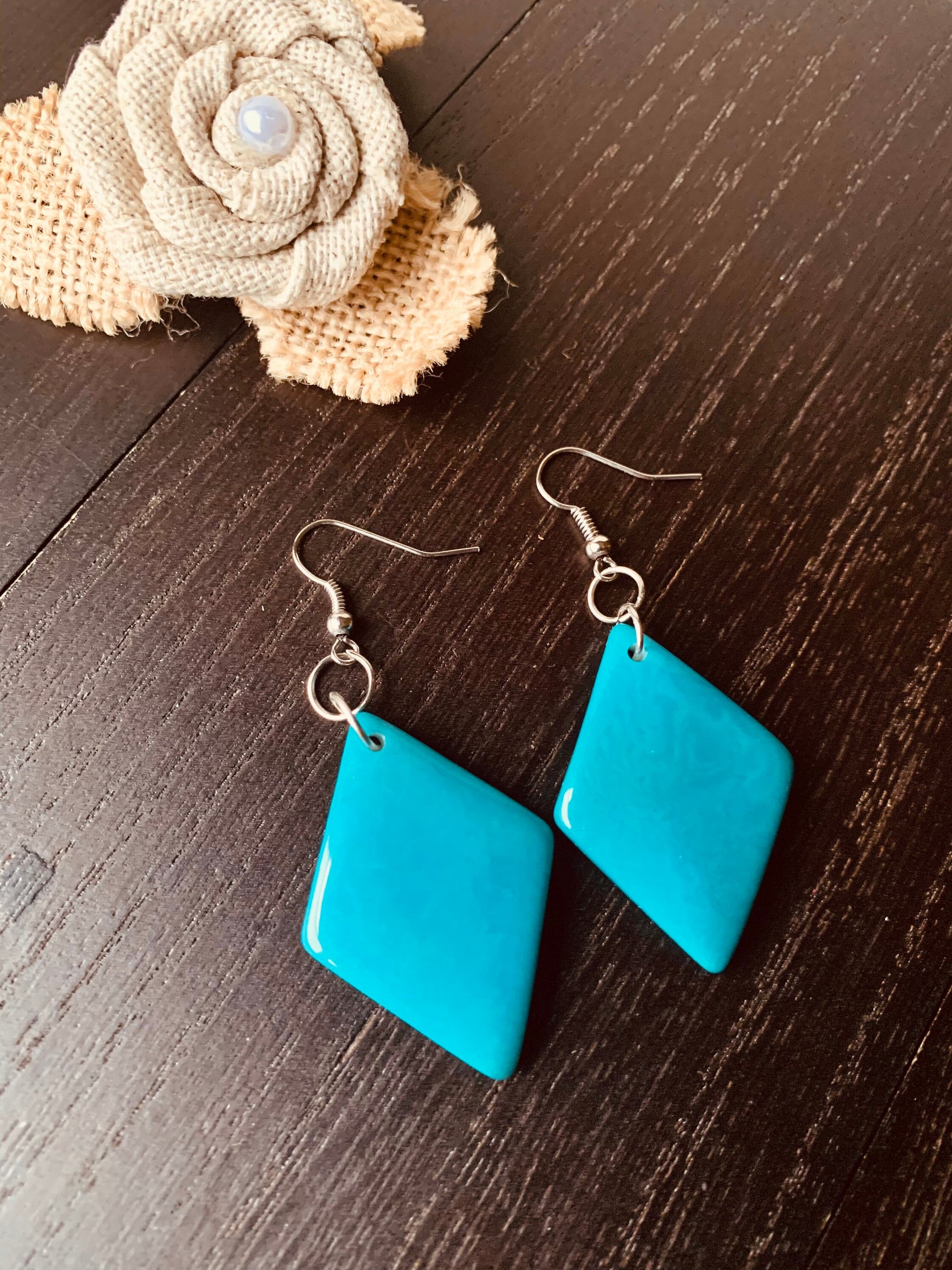 Turquoise blue dangle earrings Tagua jewelry Geometric drops Lightweight earrings Long beaded dangles Fall fashion 2025s Art to wear