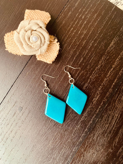 Turquoise blue dangle earrings Tagua jewelry Geometric drops Lightweight earrings Long beaded dangles Fall fashion 2025s Art to wear