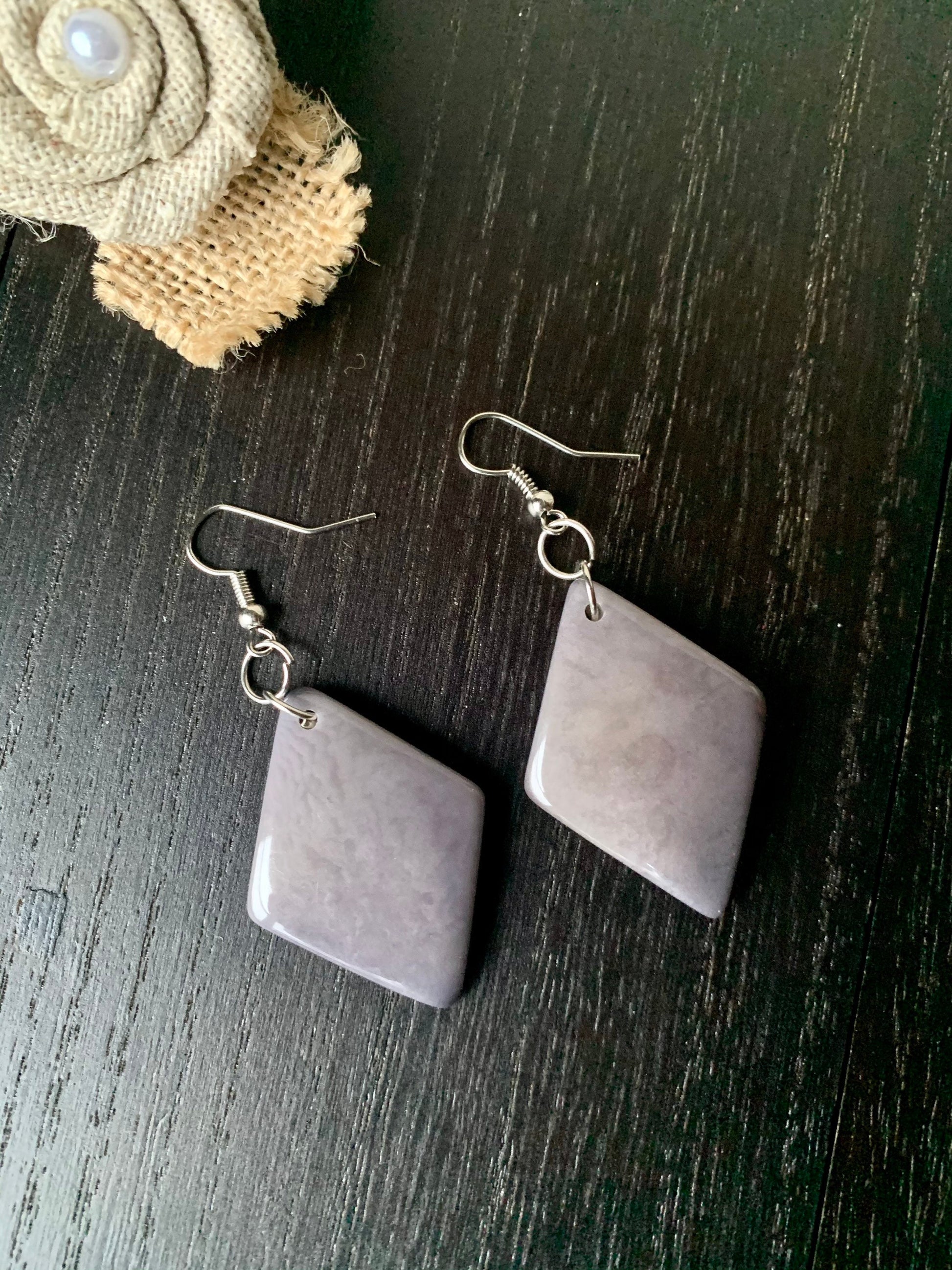Gray beaded earrings Geometric dangle earrings Tagua jewelry Unique jewelry for women Sustainable fashion Art to wear Fall fashion