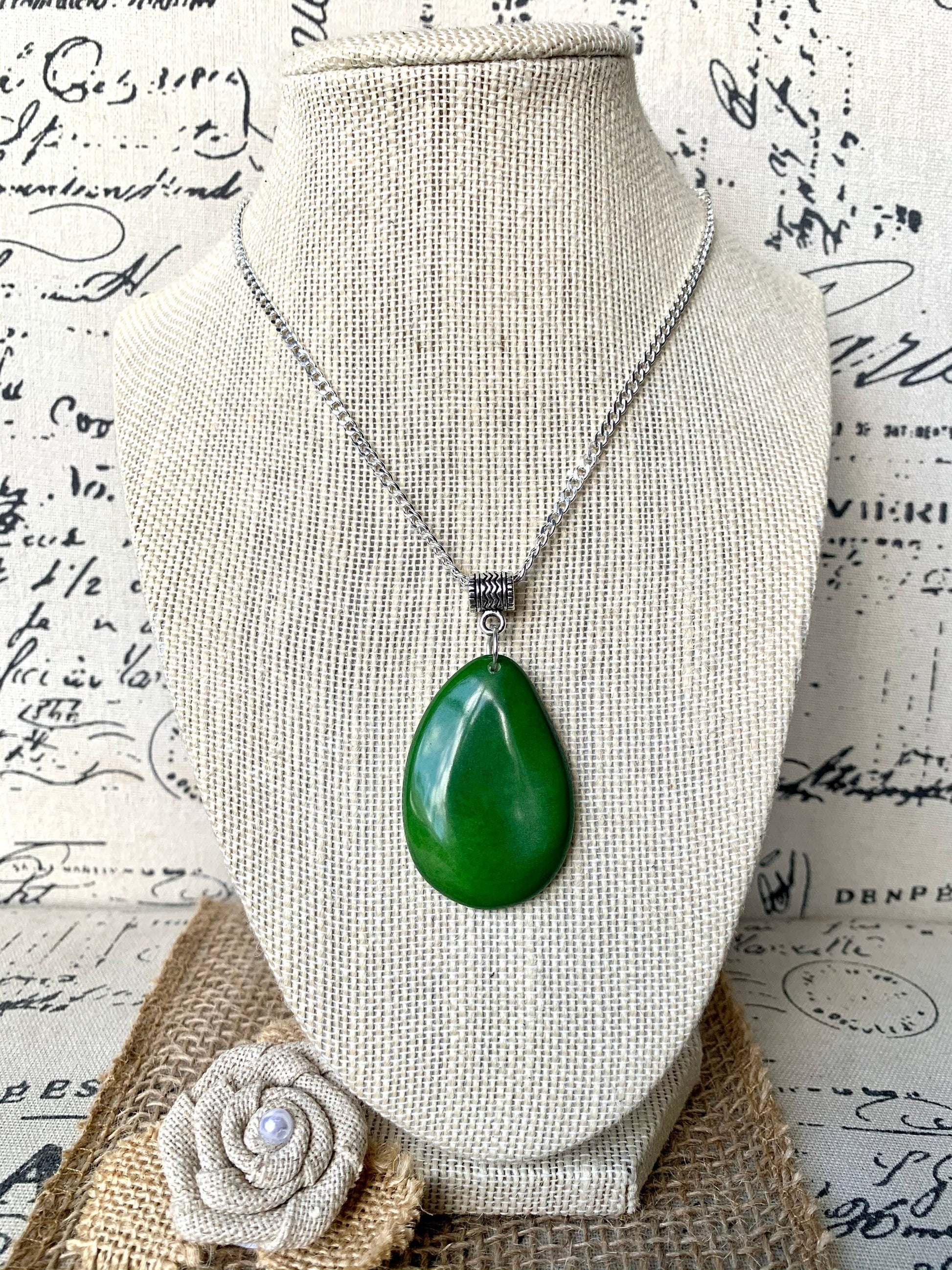 Green Tagua pendant Fashion jewelry Handmade beaded pendant NO chain Gifts under 10 Fall fashion trends Art to wear Boho style