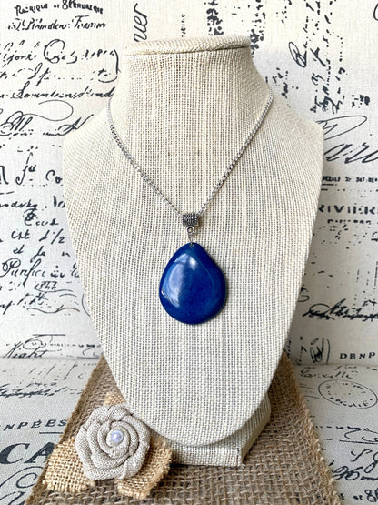 Royal blue Tagua pendant Fashion jewelry Handmade beaded pendant NO chain Artisan handmade in Ecuador Wearable art Fall fashion Artsy gifts