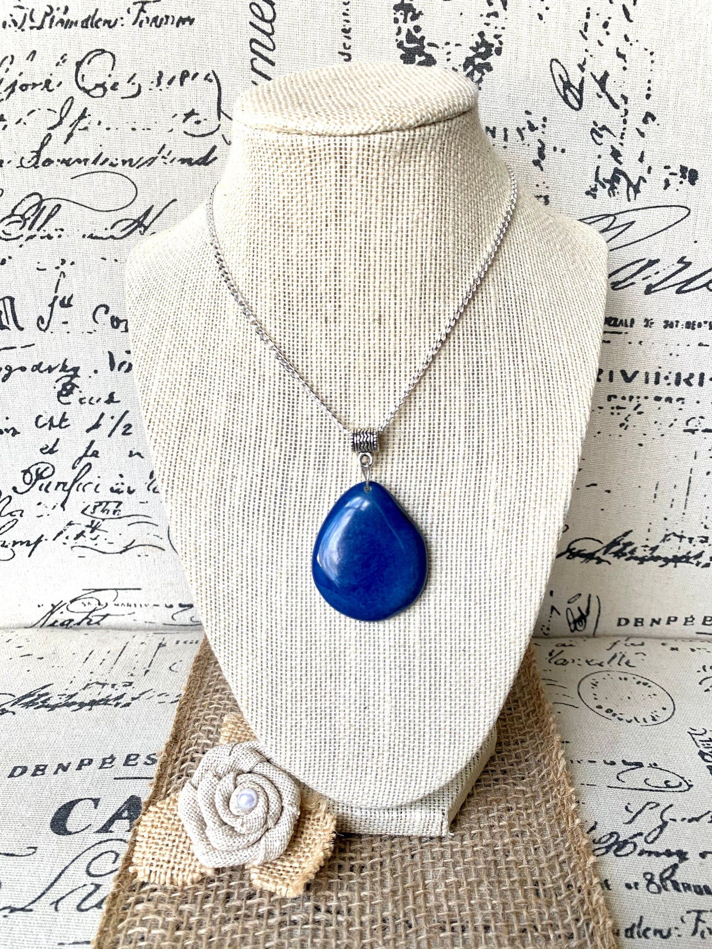 Royal blue Tagua pendant Fashion jewelry Handmade beaded pendant NO chain Artisan handmade in Ecuador Wearable art Fall fashion Artsy gifts