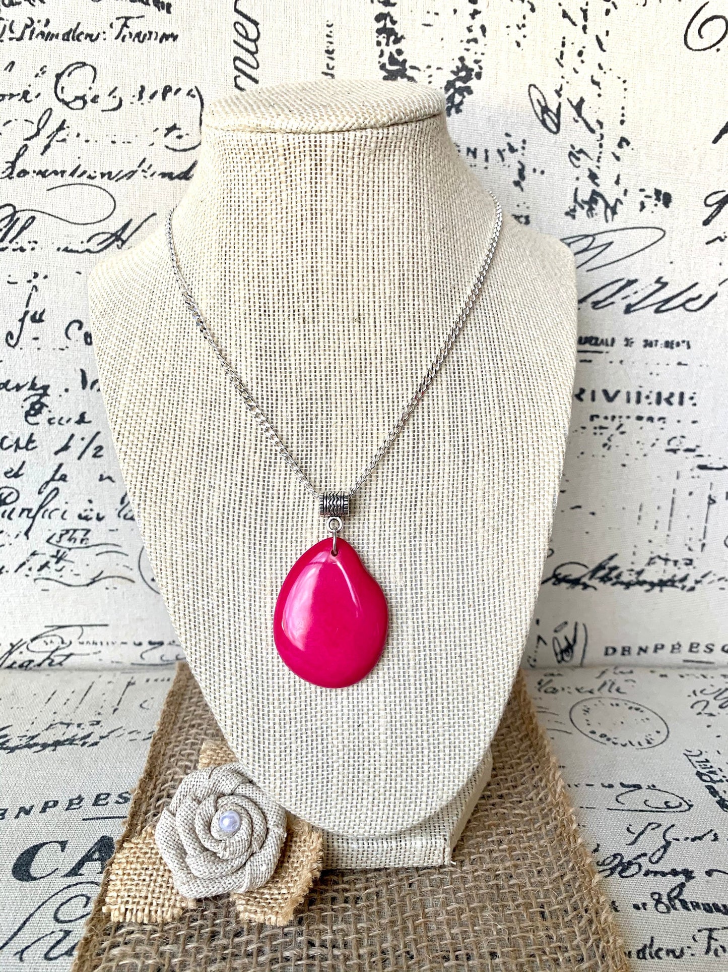 Hot Pink Tagua pendant Mother's day gifts under 10 Fashion jewelry Handmade beaded pendant NO chain Artisan handmade in Ecuador Fall style