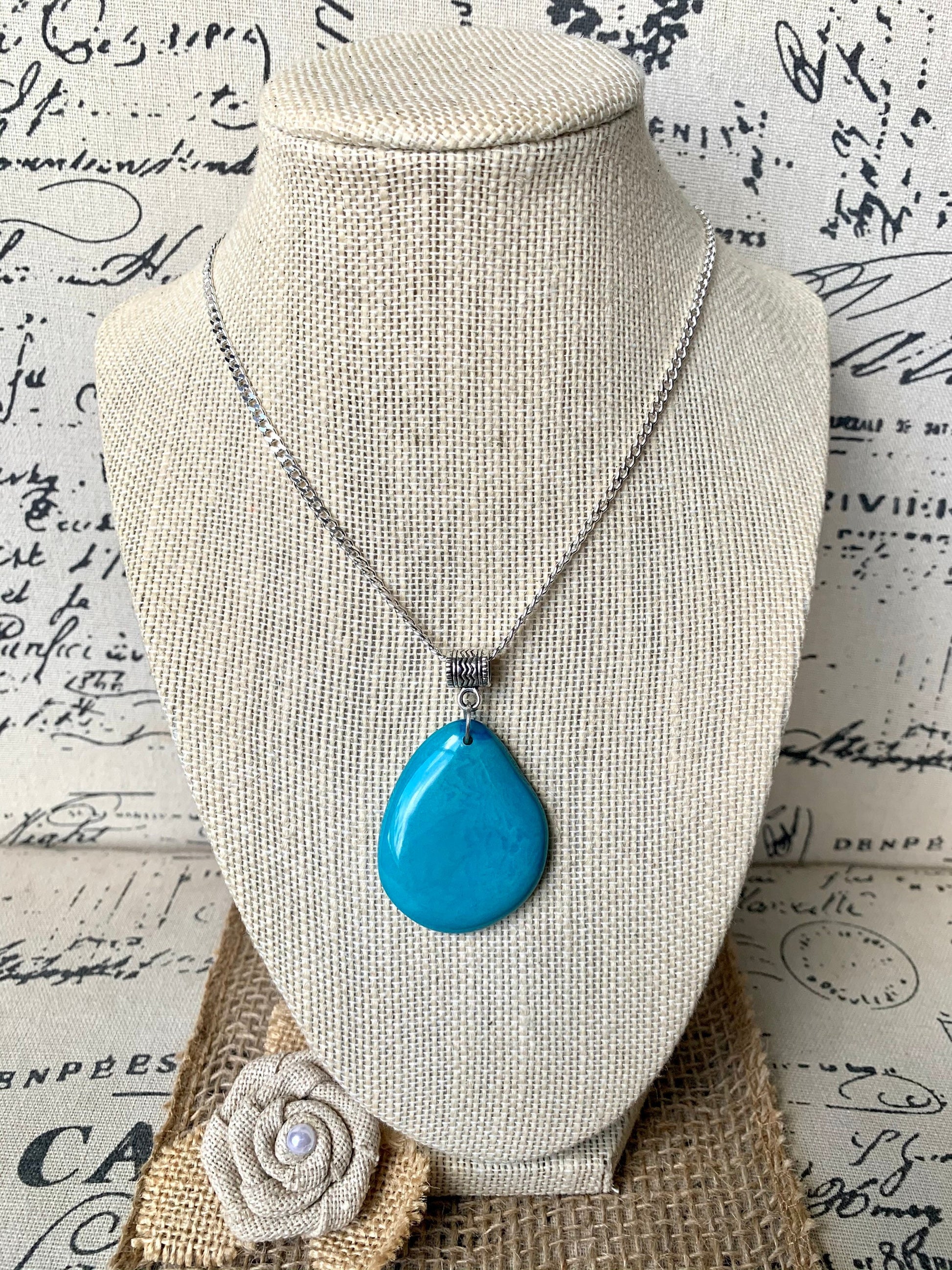 Turquoise blue Tagua pendant Fashion jewelry Handmade beaded pendant NO chain Artisan handmade in Ecuador Fall fashion 2025 Wearable art