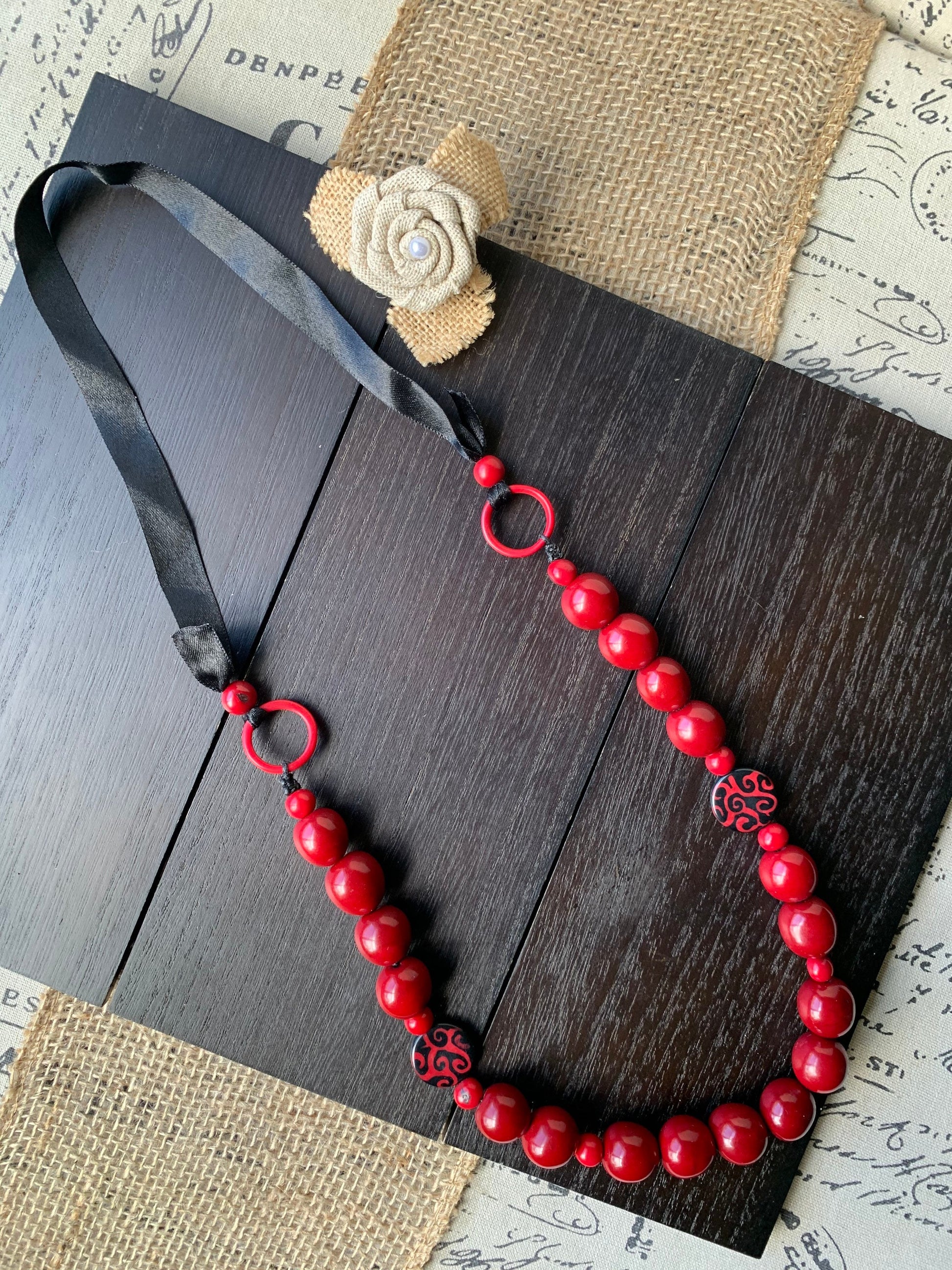 Red statement necklace Bubblegum beads necklace Wearable art Tagua necklace Fall fashion 2025s Big bold necklaces Art to wear Fall fashion