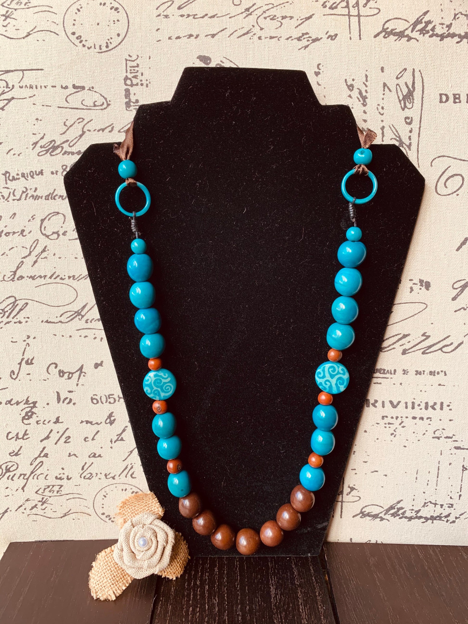 Turquoise and brown statement necklace Tagua necklace Big bold necklaces Fall fashion trends Art to wear Long necklace Fall fashion 2025s