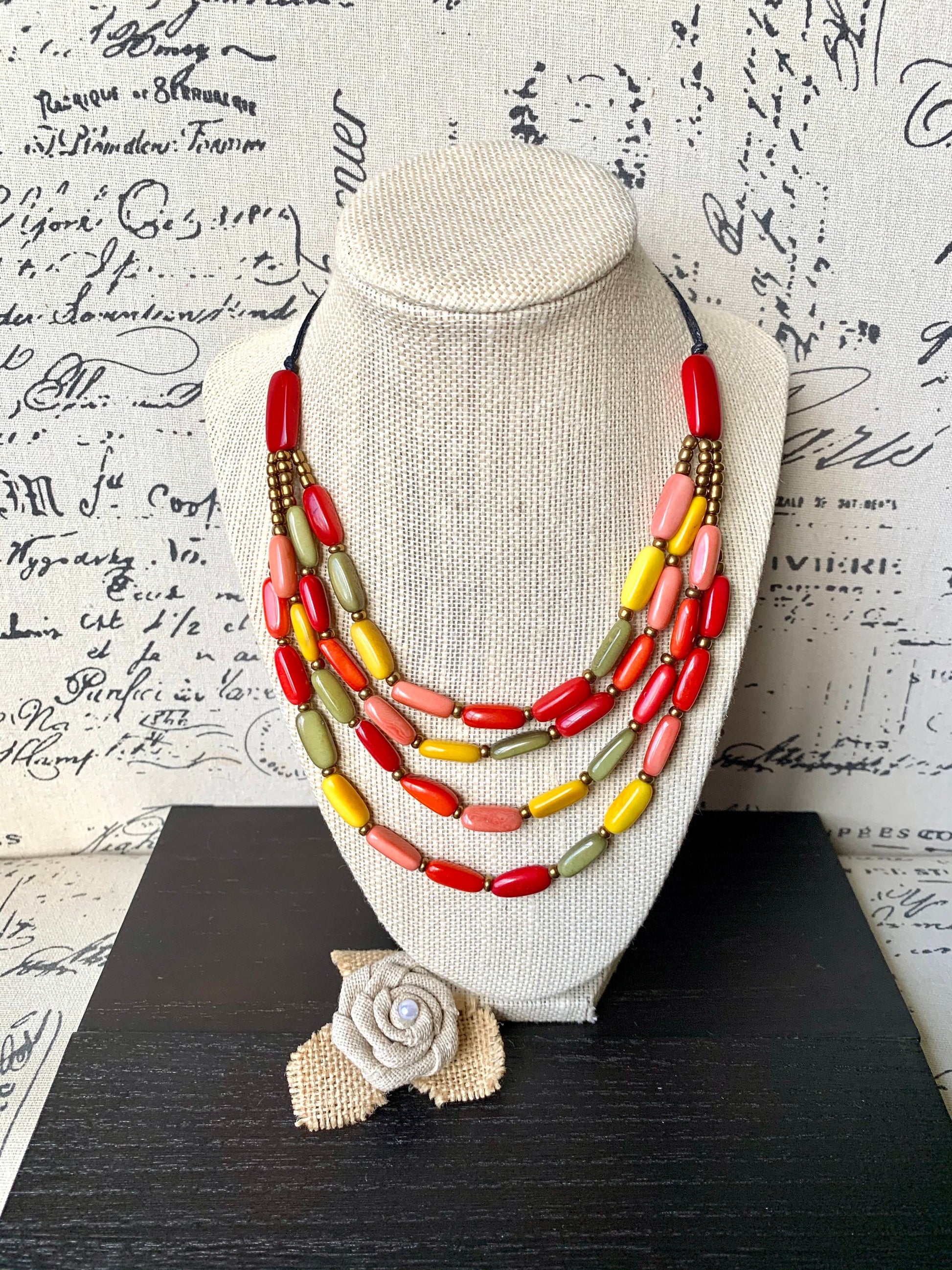 Multi color statement necklace Adjustable cord Tagua necklace Wearable art Handmade gifts Fall fashion 2025s Artsy gifts Fall fashion 2025