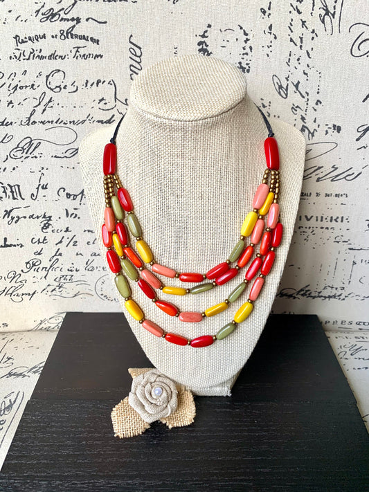 Multi color statement necklace Adjustable cord Tagua necklace Wearable art Handmade gifts Fall fashion 2025s Artsy gifts Fall fashion 2025