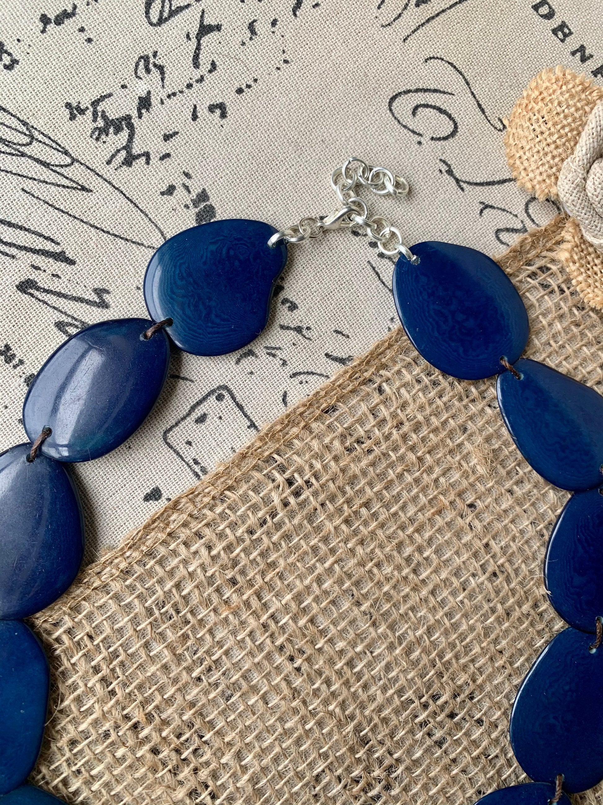 Blue beaded necklace Tagua jewelry Big bold necklaces Statement bib necklace Fall fashion trends Artsy gifts Mothers day gifts Art to wear