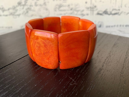 Orange statement bracelet Beaded elastic bangle Tagua jewelry Geometric rectangles square beads Big oversized beads Gifts for wife mom
