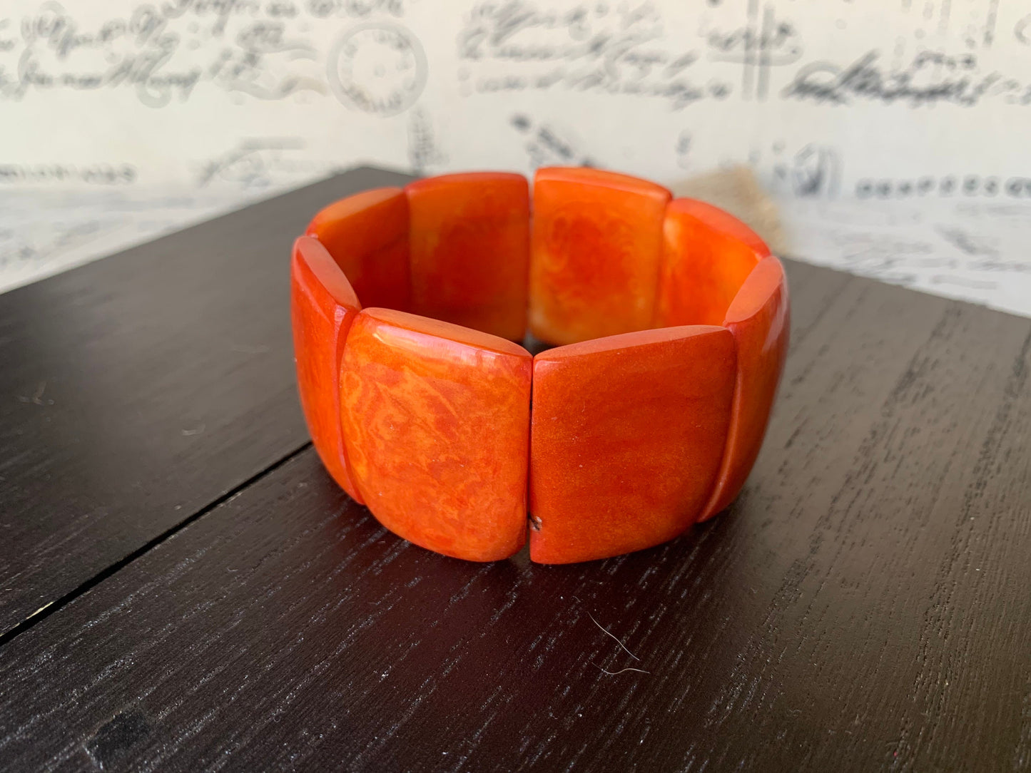 Orange statement bracelet Beaded elastic bangle Tagua jewelry Geometric rectangles square beads Big oversized beads Gifts for wife mom