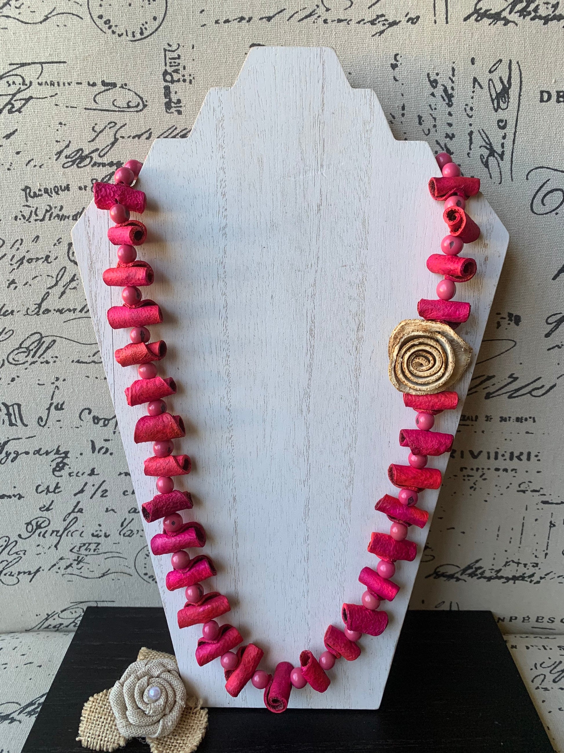 Pink flower necklace Adjustable cord Tagua necklace Handmade statement necklace Big bold chunky necklace made with orange peel Artsy gifts