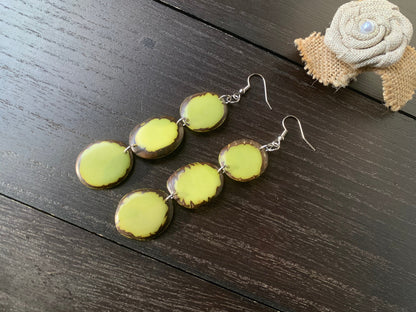 Apple green beaded earrings Long dangly earrings Tagua jewelry Artsy gifts Waterfall earrings Wearable art Statement dangle drop earrings