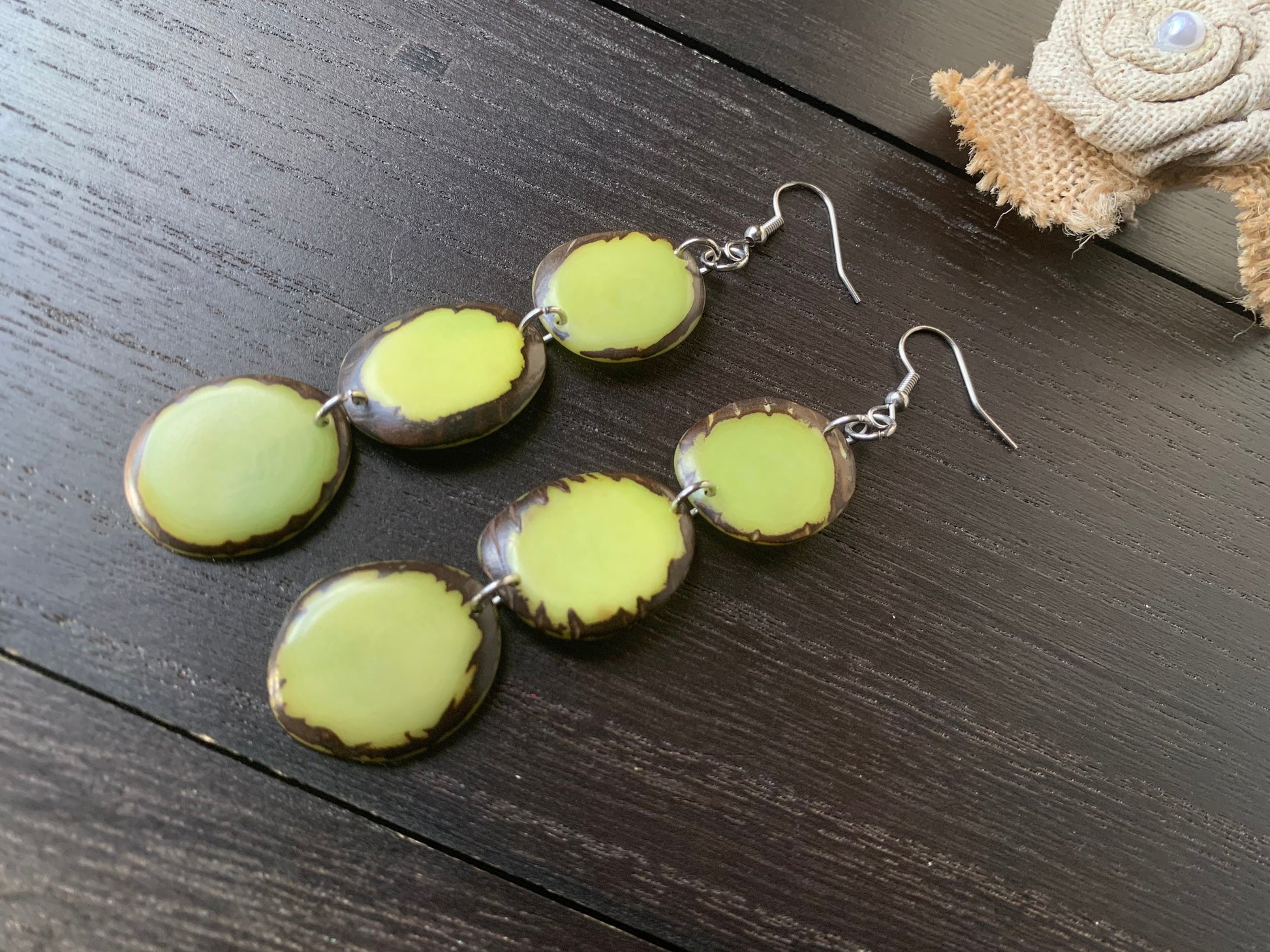 Apple green beaded earrings Long dangly earrings Tagua jewelry Artsy gifts Waterfall earrings Wearable art Statement dangle drop earrings