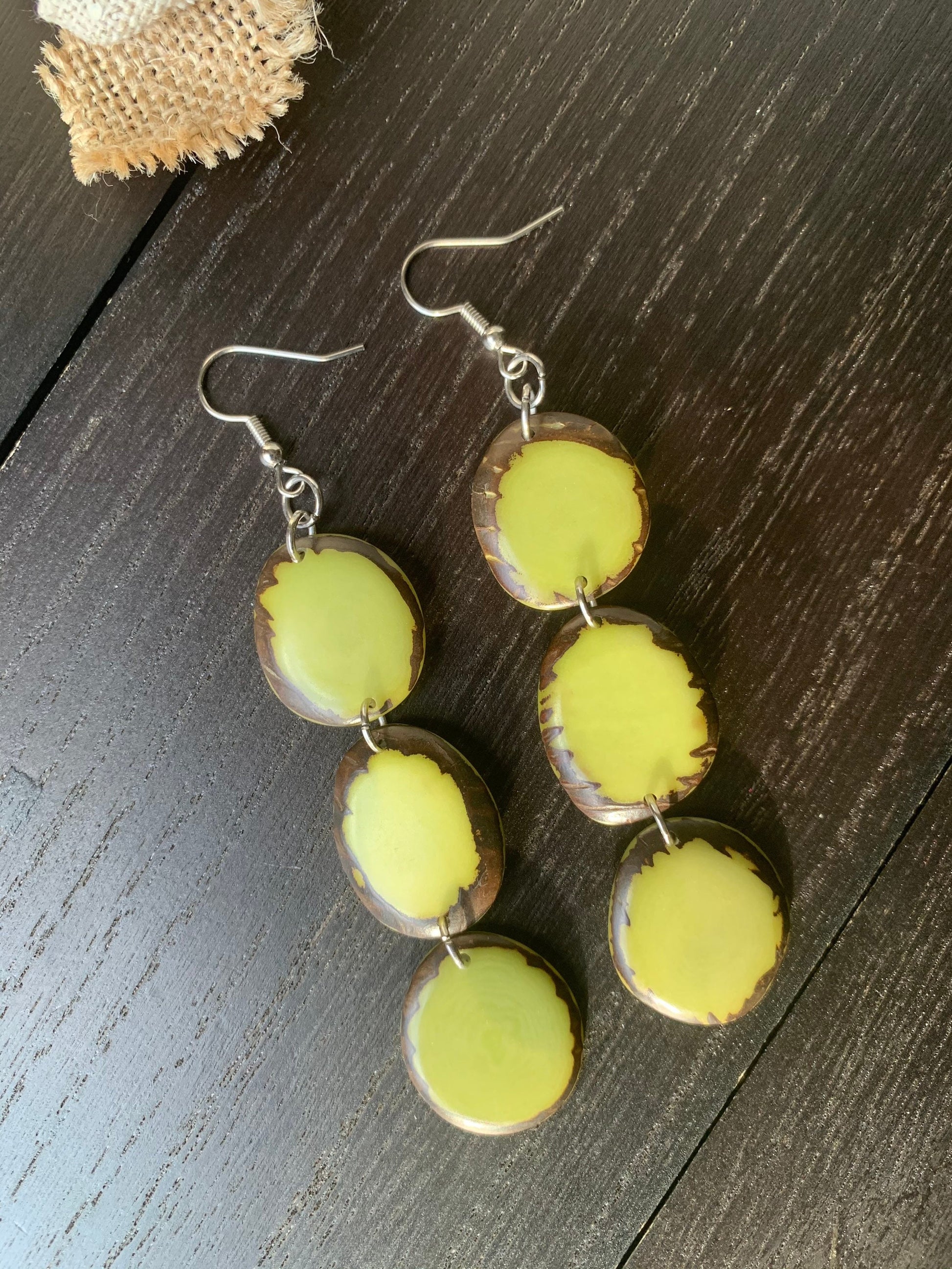 Apple green beaded earrings Long dangly earrings Tagua jewelry Artsy gifts Waterfall earrings Wearable art Statement dangle drop earrings