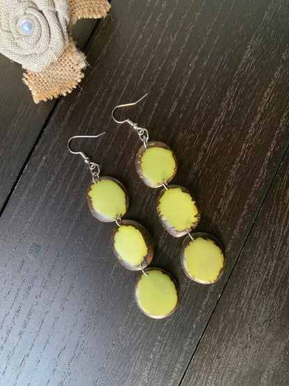 Apple green beaded earrings Long dangly earrings Tagua jewelry Artsy gifts Waterfall earrings Wearable art Statement dangle drop earrings
