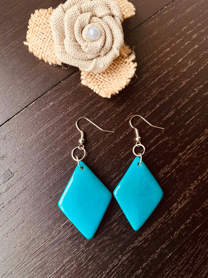 Turquoise blue dangle earrings Tagua jewelry Geometric drops Lightweight earrings Long beaded dangles Fall fashion 2025s Art to wear