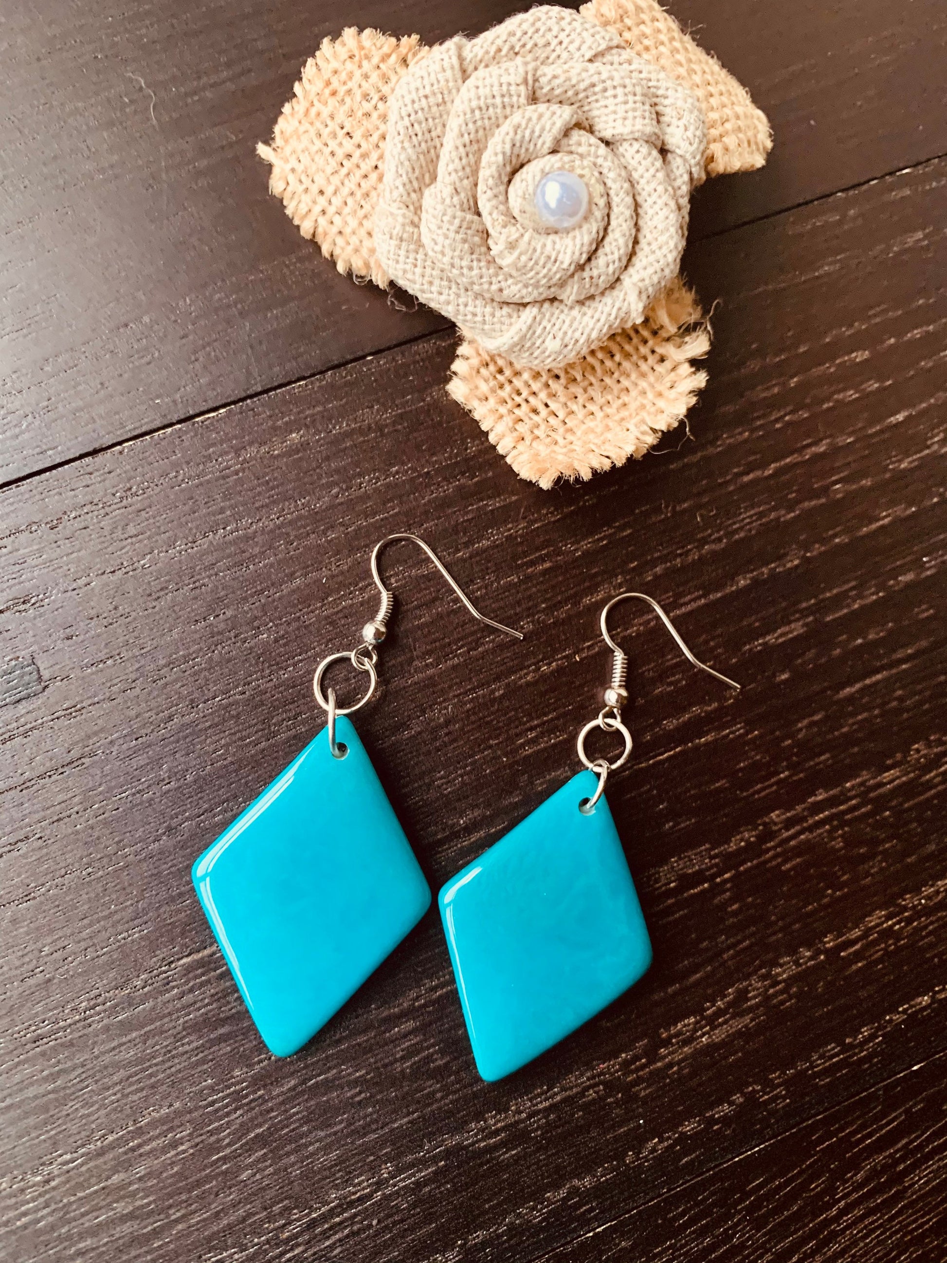 Turquoise blue dangle earrings Tagua jewelry Geometric drops Lightweight earrings Long beaded dangles Fall fashion 2025s Art to wear