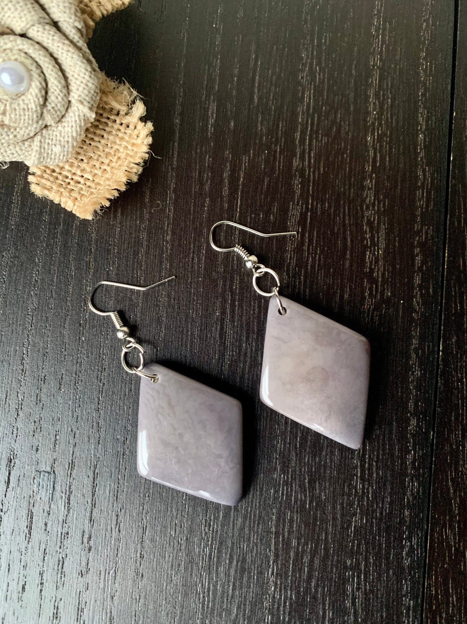 Gray beaded earrings Geometric dangle earrings Tagua jewelry Unique jewelry for women Sustainable fashion Art to wear Fall fashion