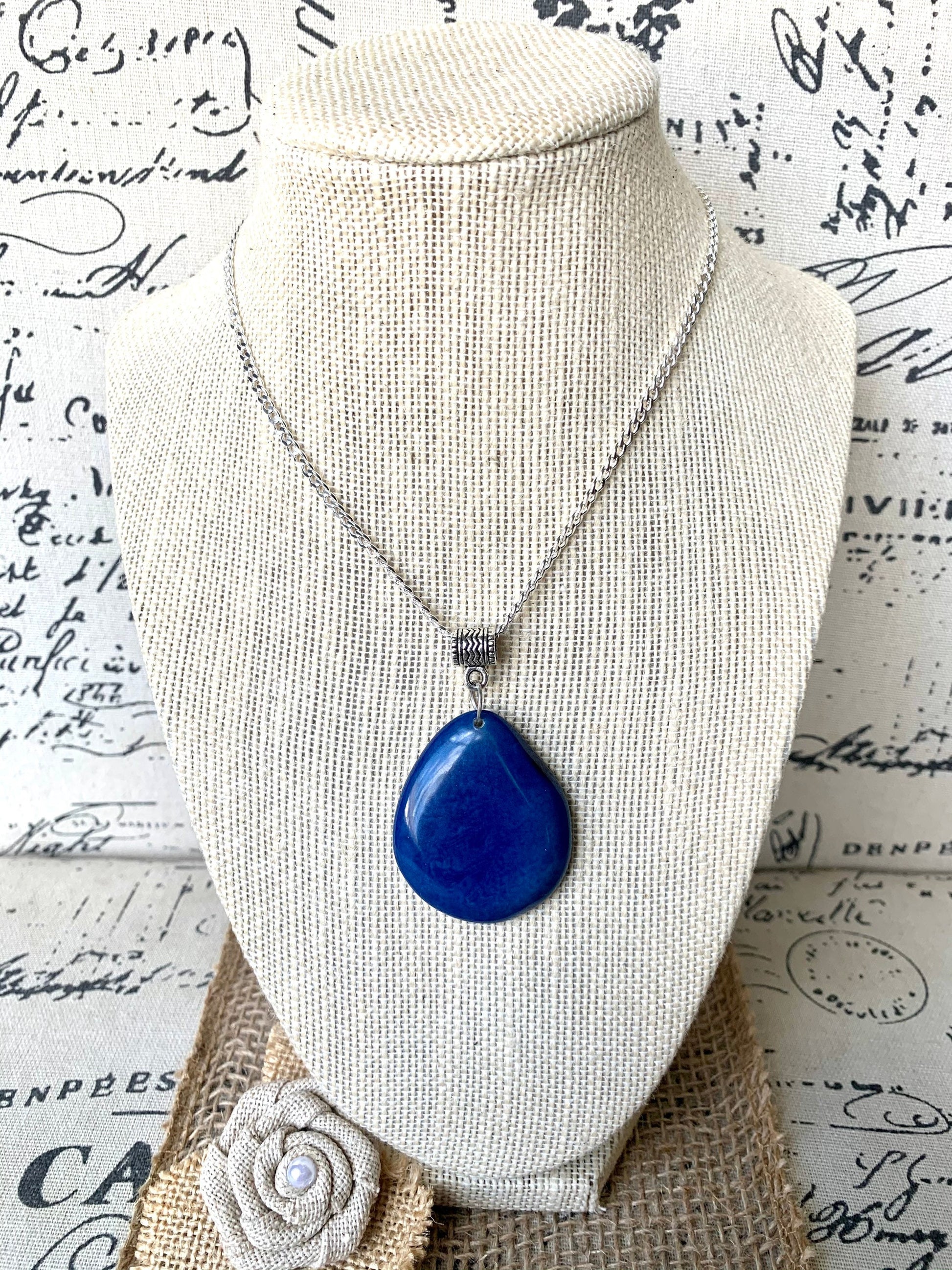 Royal blue Tagua pendant Fashion jewelry Handmade beaded pendant NO chain Artisan handmade in Ecuador Wearable art Fall fashion Artsy gifts