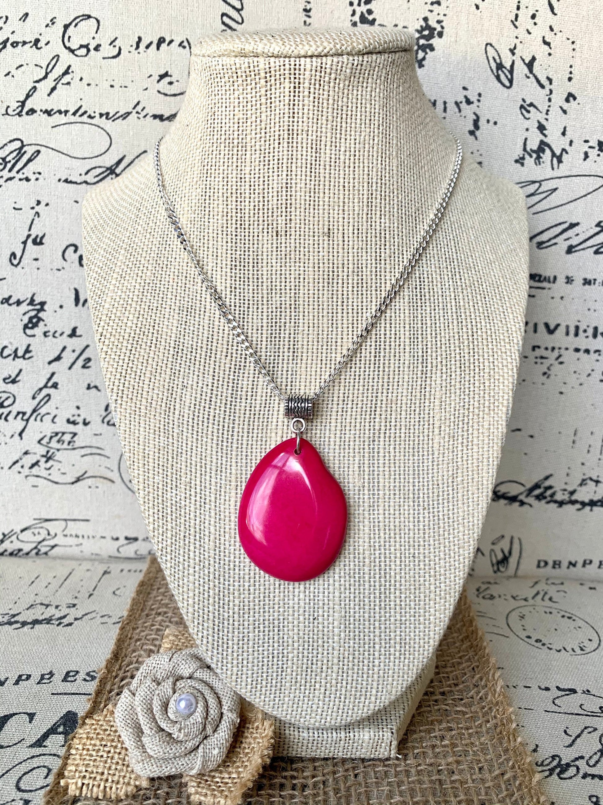 Hot Pink Tagua pendant Mother's day gifts under 10 Fashion jewelry Handmade beaded pendant NO chain Artisan handmade in Ecuador Fall style