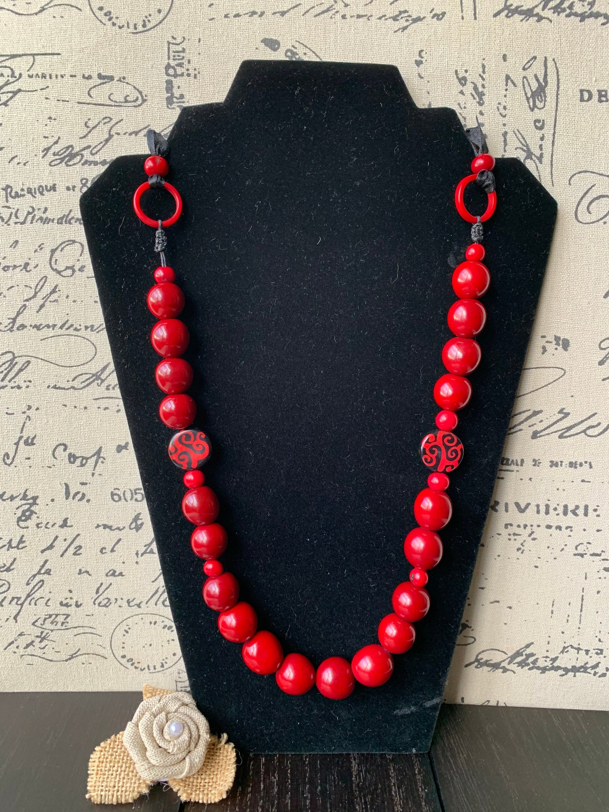 Red statement necklace Bubblegum beads necklace Wearable art Tagua necklace Fall fashion 2025s Big bold necklaces Art to wear Fall fashion