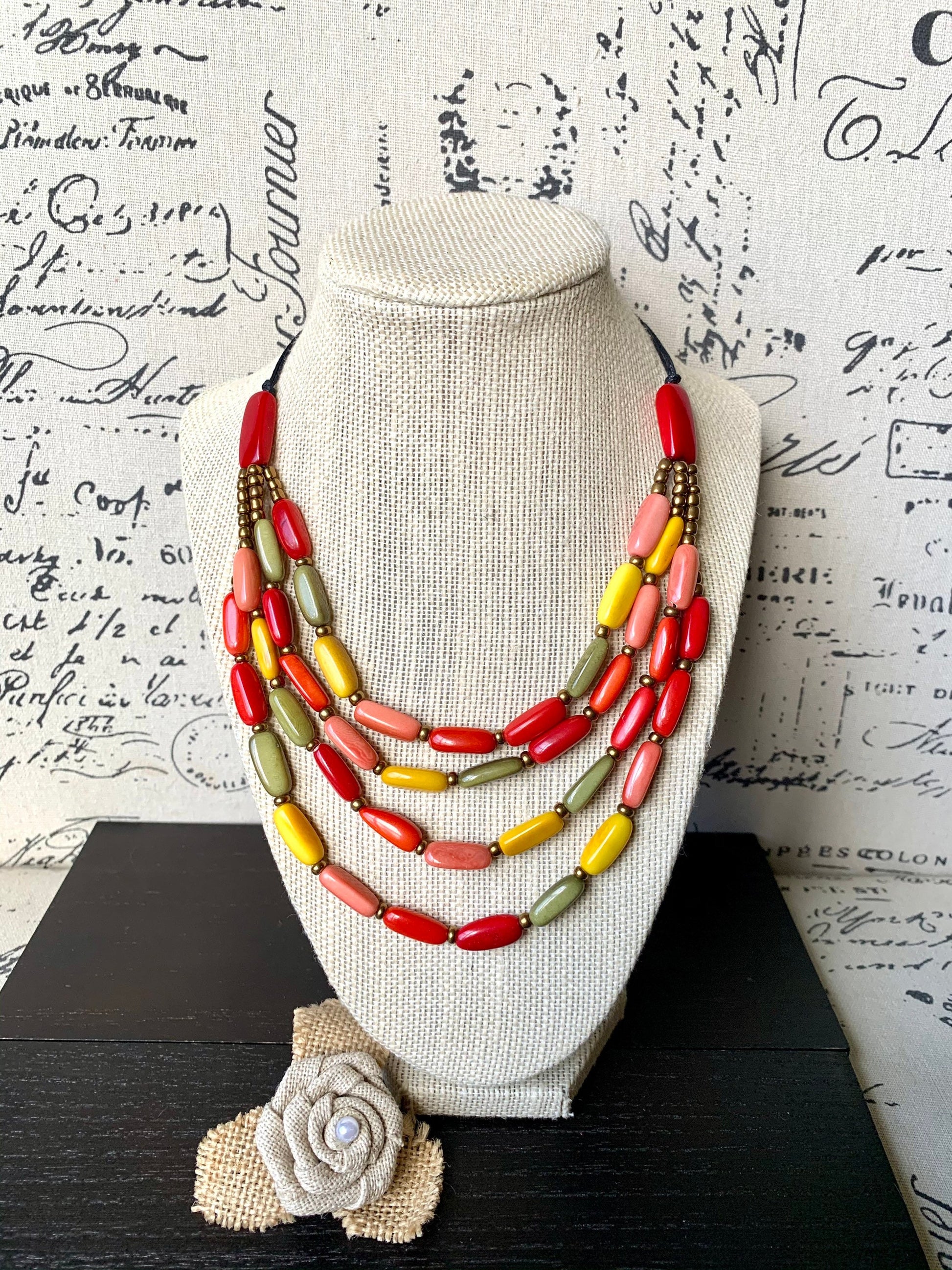 Multi color statement necklace Adjustable cord Tagua necklace Wearable art Handmade gifts Fall fashion 2025s Artsy gifts Fall fashion 2025