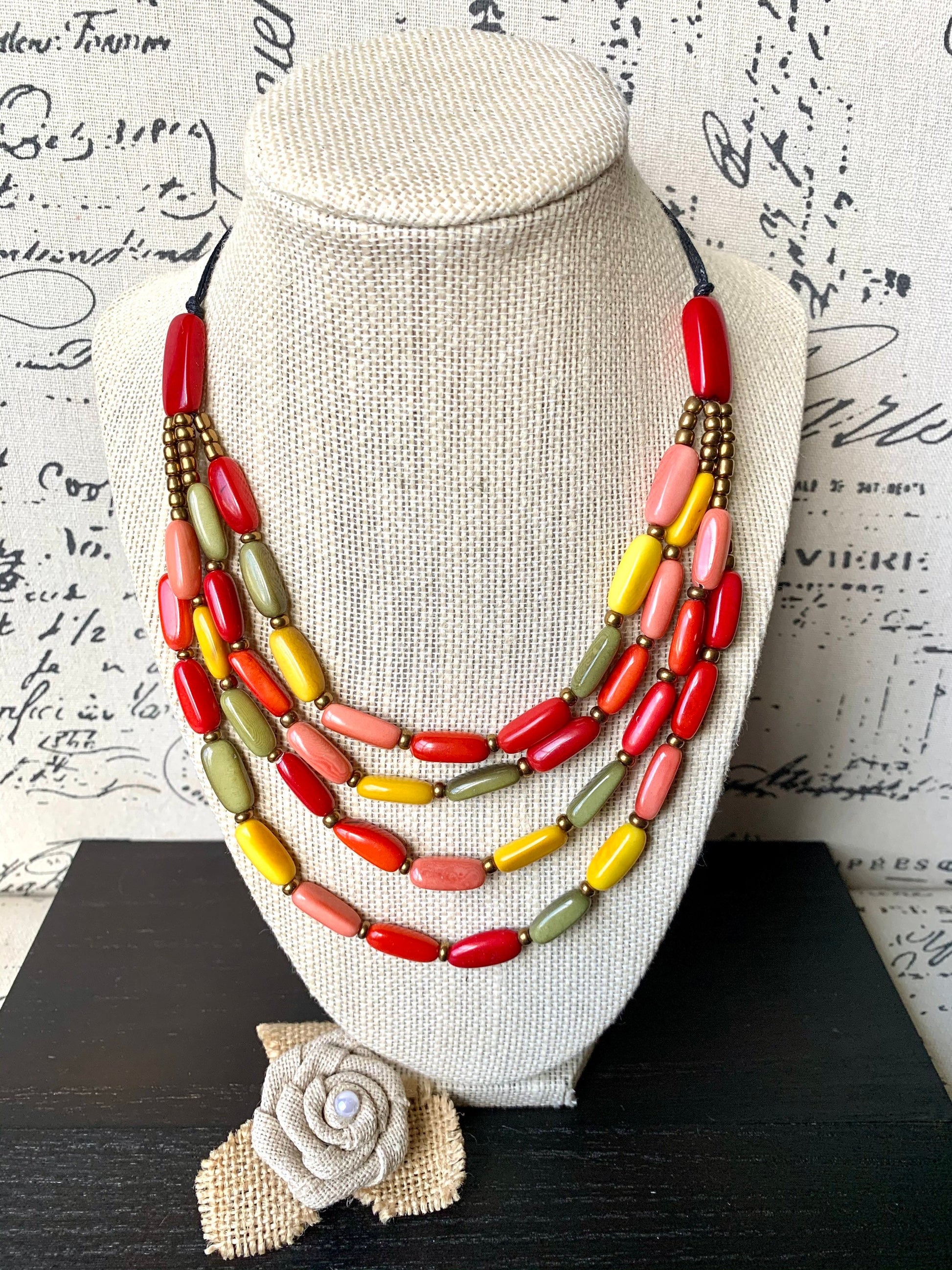 Multi color statement necklace Adjustable cord Tagua necklace Wearable art Handmade gifts Fall fashion 2025s Artsy gifts Fall fashion 2025
