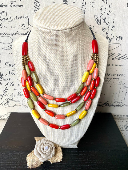 Multi color statement necklace Adjustable cord Tagua necklace Wearable art Handmade gifts Fall fashion 2025s Artsy gifts Fall fashion 2025