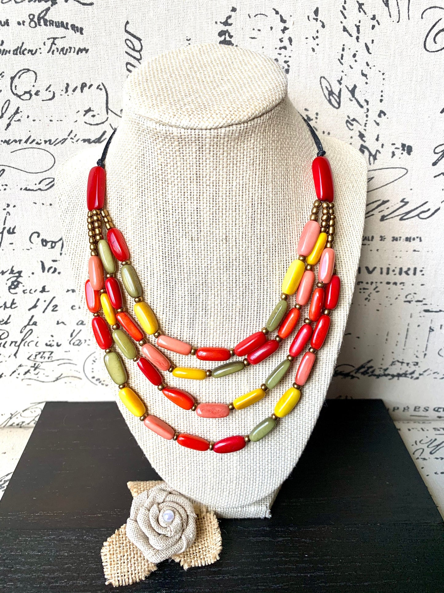 Multi color statement necklace Adjustable cord Tagua necklace Wearable art Handmade gifts Fall fashion 2025s Artsy gifts Fall fashion 2025
