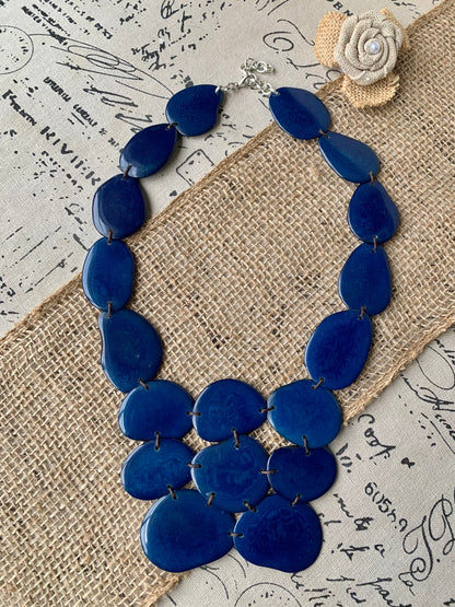 Blue beaded necklace Tagua jewelry Big bold necklaces Statement bib necklace Fall fashion trends Artsy gifts Mothers day gifts Art to wear
