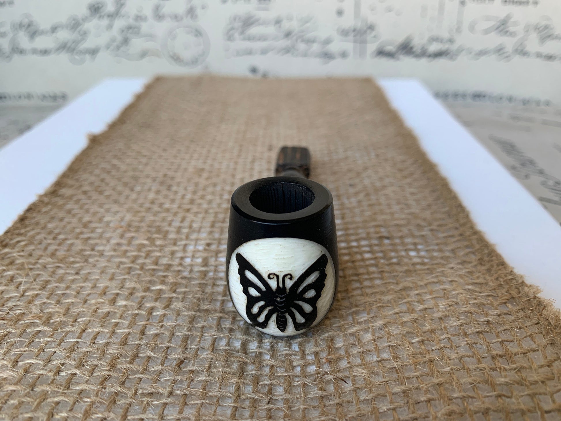 Butterfly smoking pipe Hand carved wooden smoking bowl Handmade tagua nut and wood Sacred animals tribal pocket pipe Artisan made in Ecuador