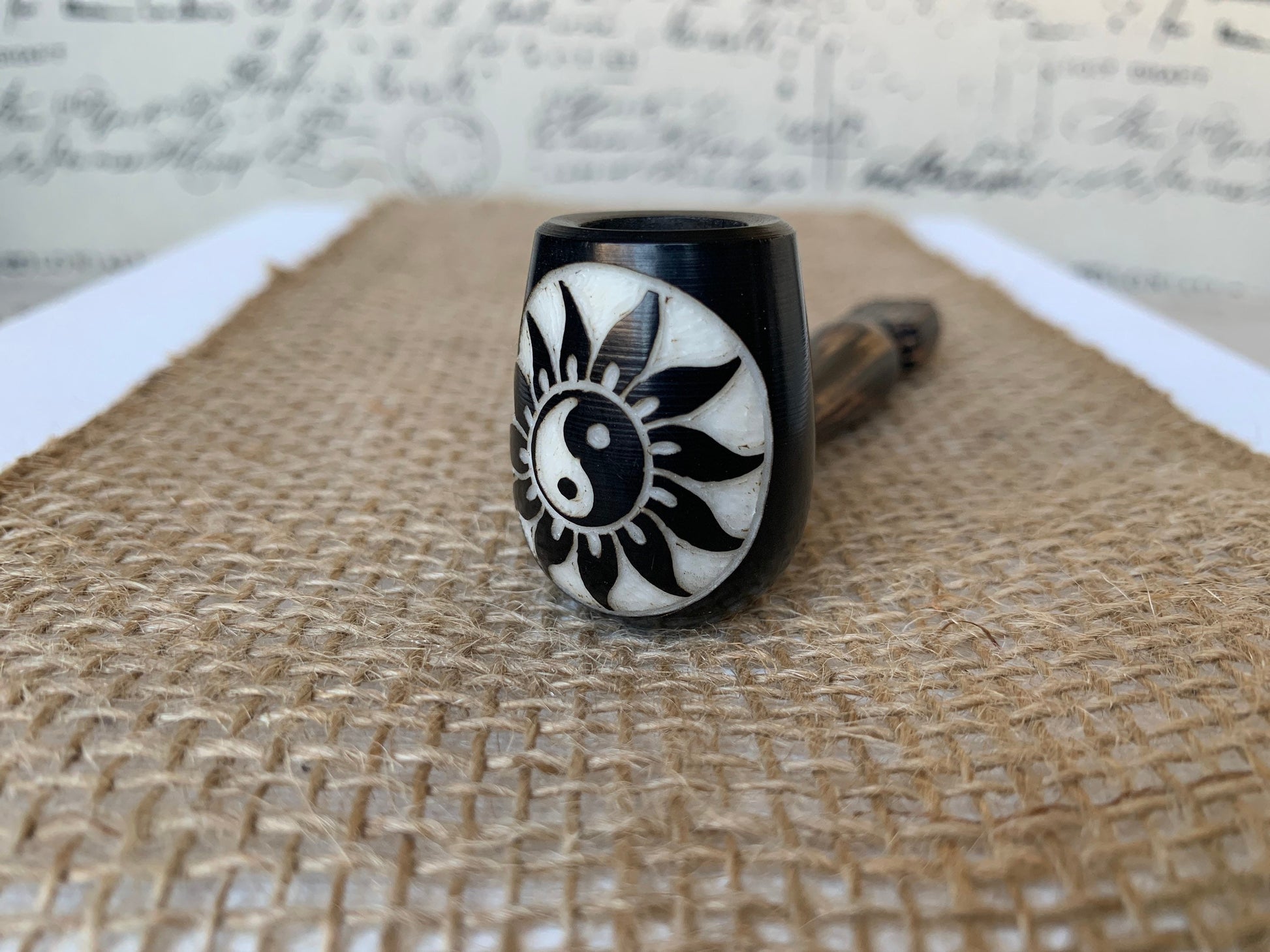 Yin Yang Sun smoking pipe Hand carved wooden smoking bowl Handmade tagua nut and wood pipe Tribal pocket pipe Shaman ceremony Mapacho pipe