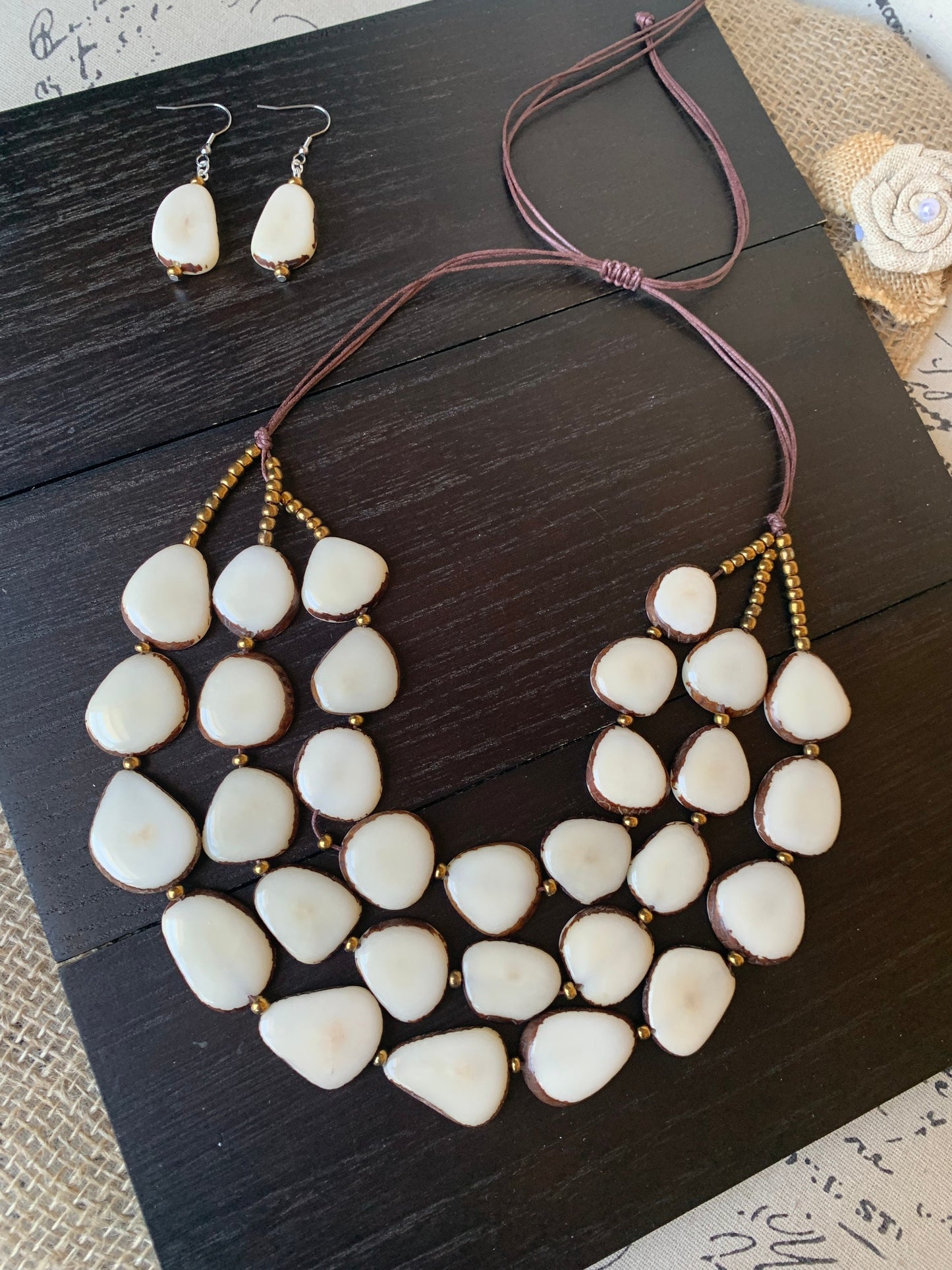 White statement necklace and earrings set Tagua jewelry 14 year gift anniversary for wife Ivory anniversary gifts for her Fall fashion