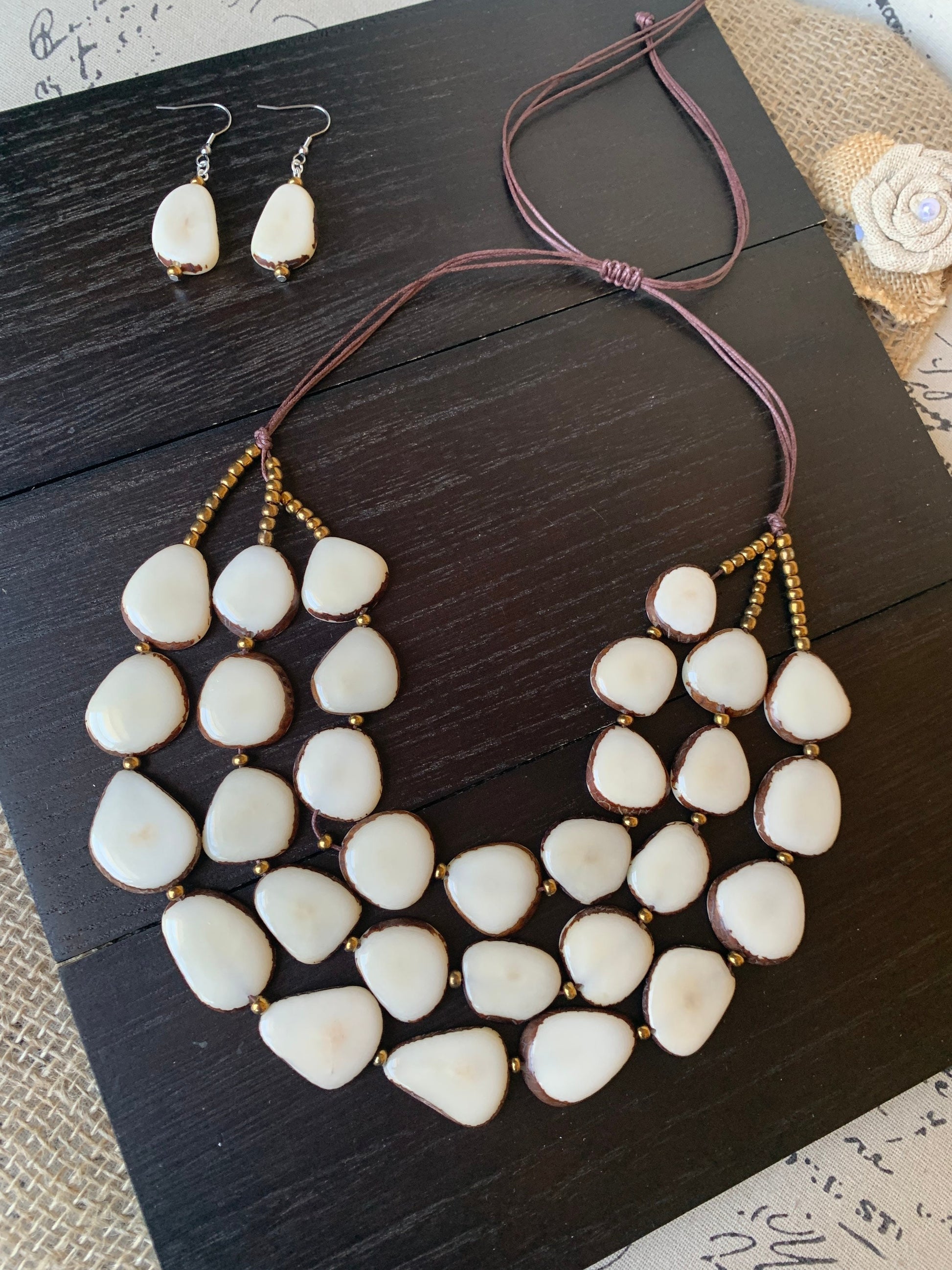 White statement necklace and earrings set Tagua jewelry 14 year gift anniversary for wife Ivory anniversary gifts for her Fall fashion