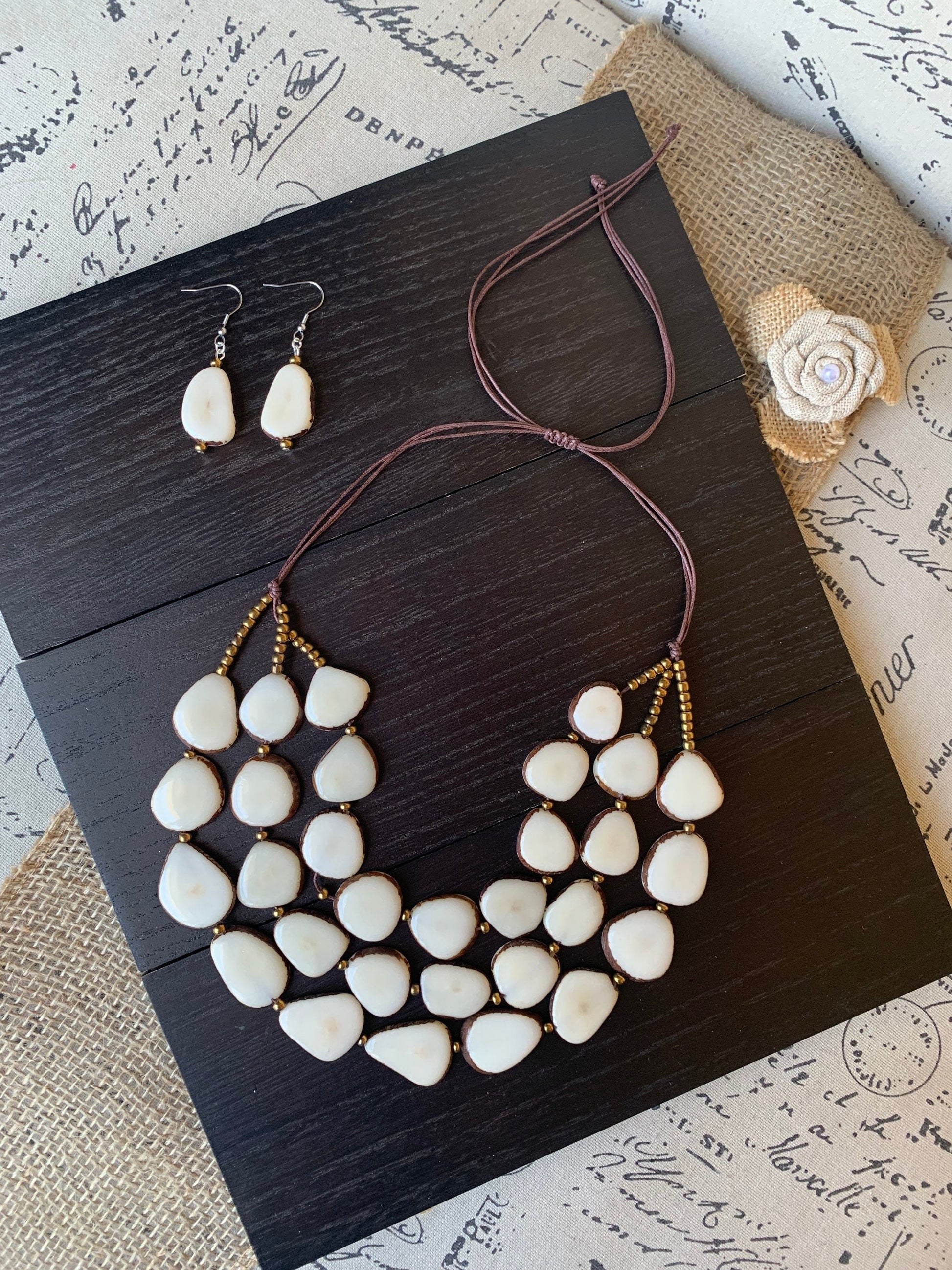 White statement necklace and earrings set Tagua jewelry 14 year gift anniversary for wife Ivory anniversary gifts for her Fall fashion