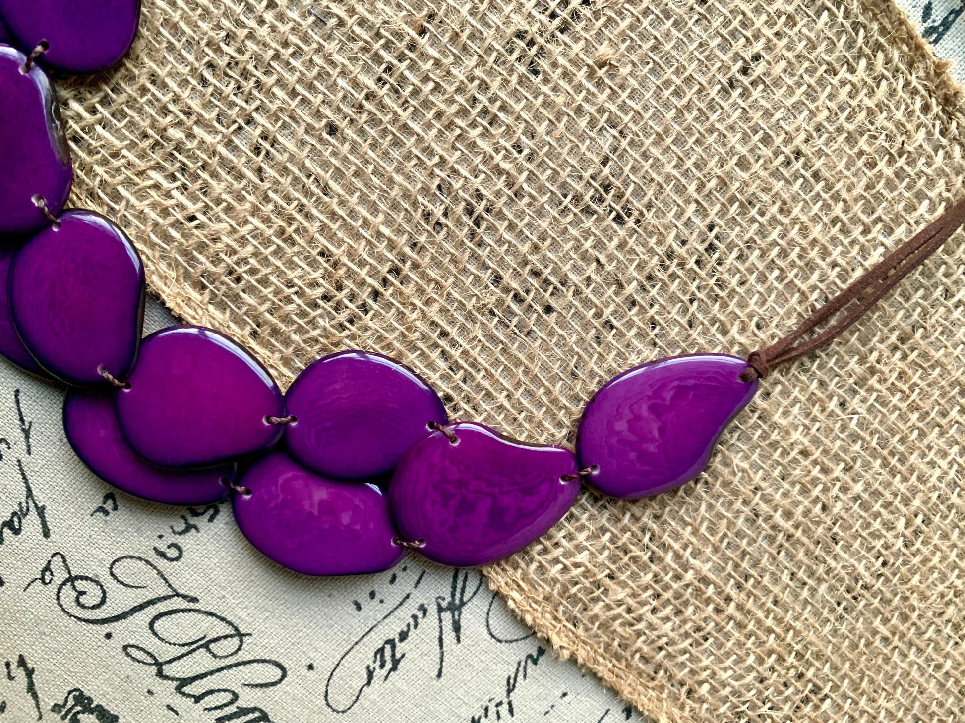 Purple statement necklace Tagua jewelry Big bold necklaces Adjustable cord Double strand necklace Wearable art Summer fashion Artsy gifts