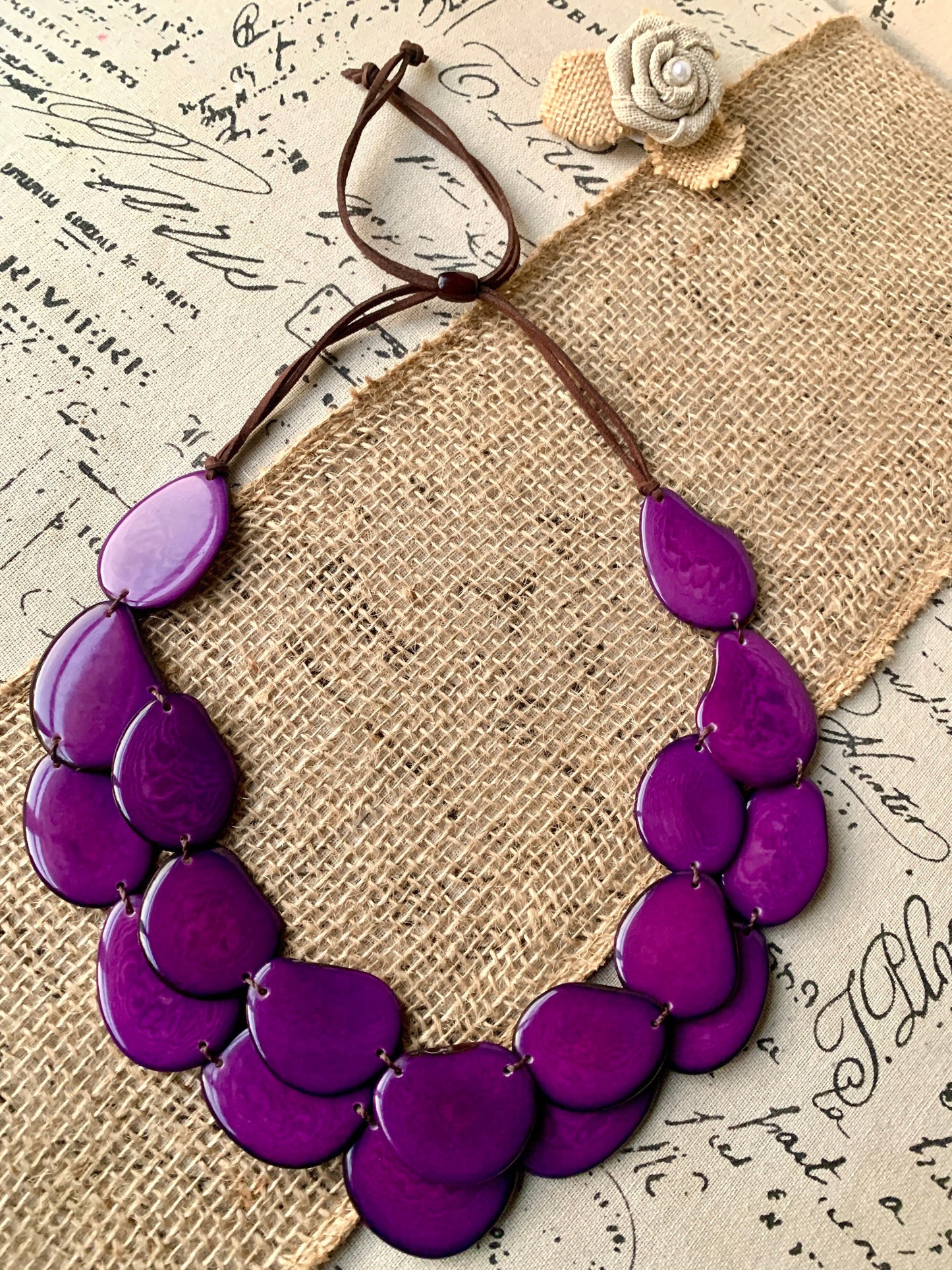 Purple statement necklace Tagua jewelry Big bold necklaces Adjustable cord Double strand necklace Wearable art Summer fashion Artsy gifts
